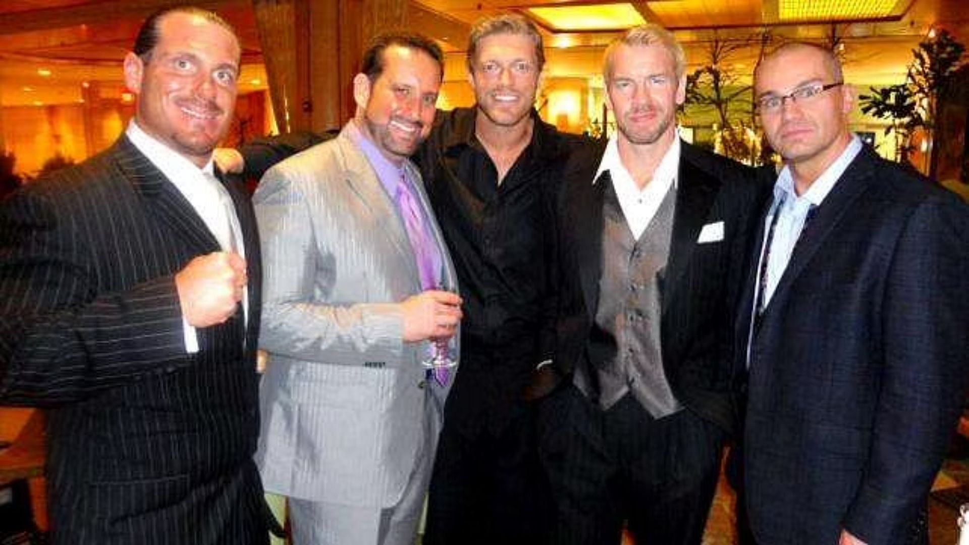 Rhyno (left) and Edge (center) after Edge&rsquo;s HOF induction ceremony
