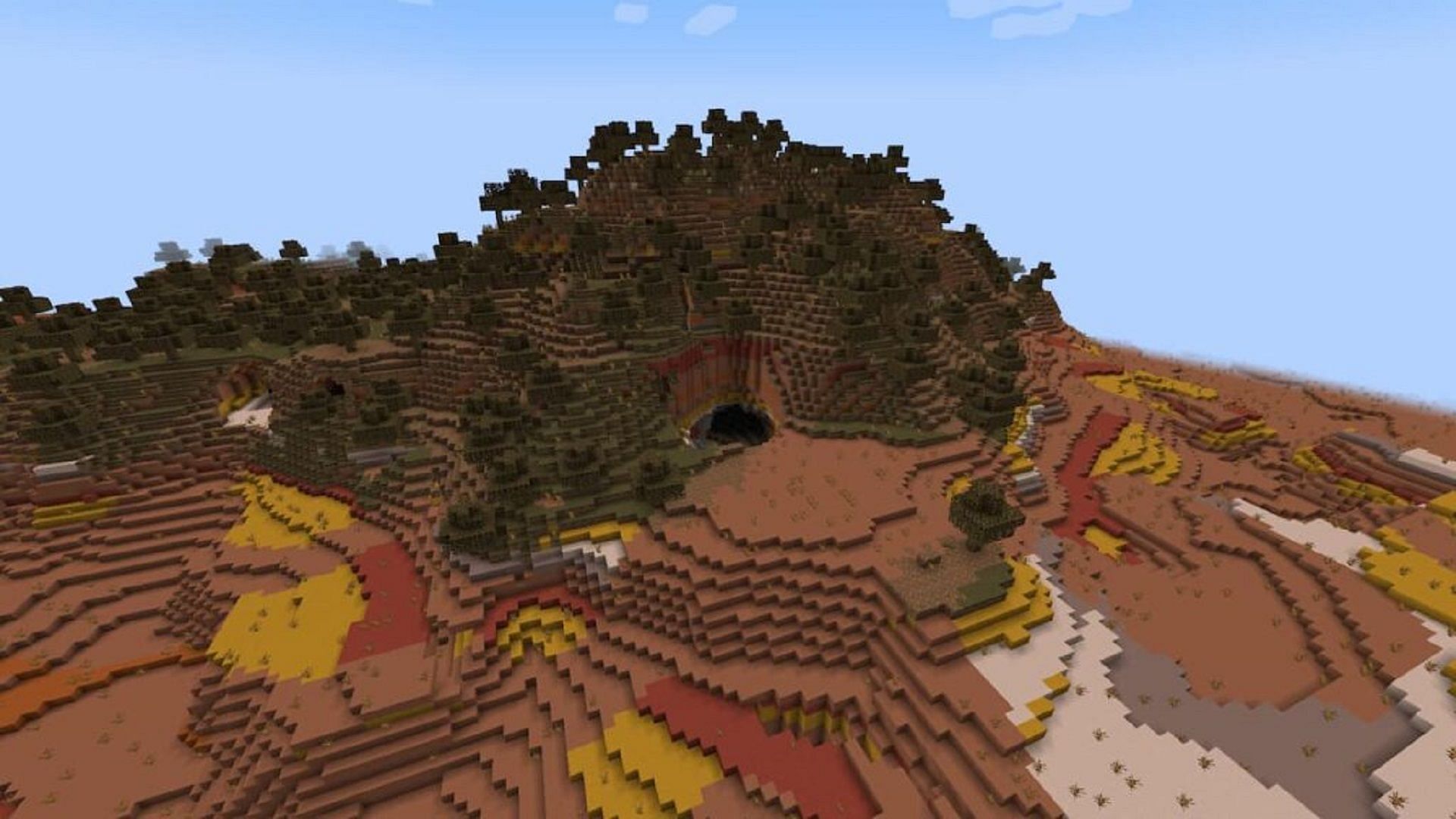 This seed&#039;s mountains take place in a much more arid biome (Image via Mojang)