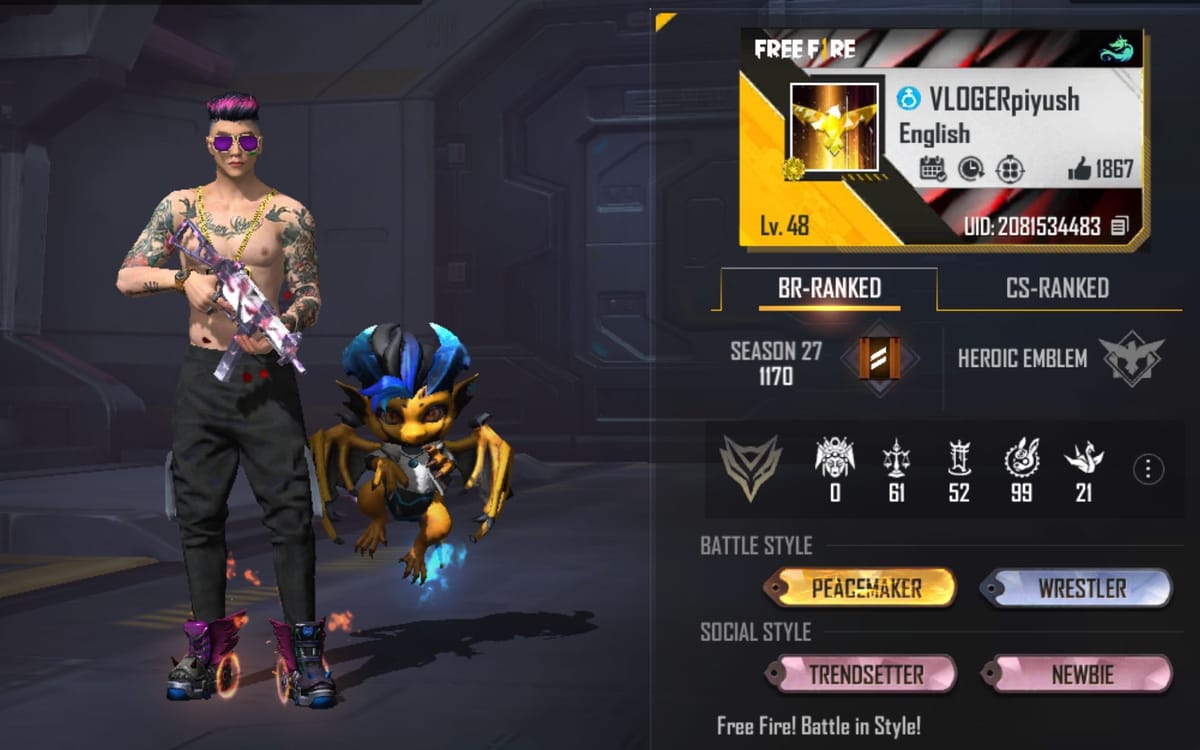 Piyush Joshi Gaming’s Free Fire MAX ID, stats, rank, K/D ratio, and monthly in June 2022