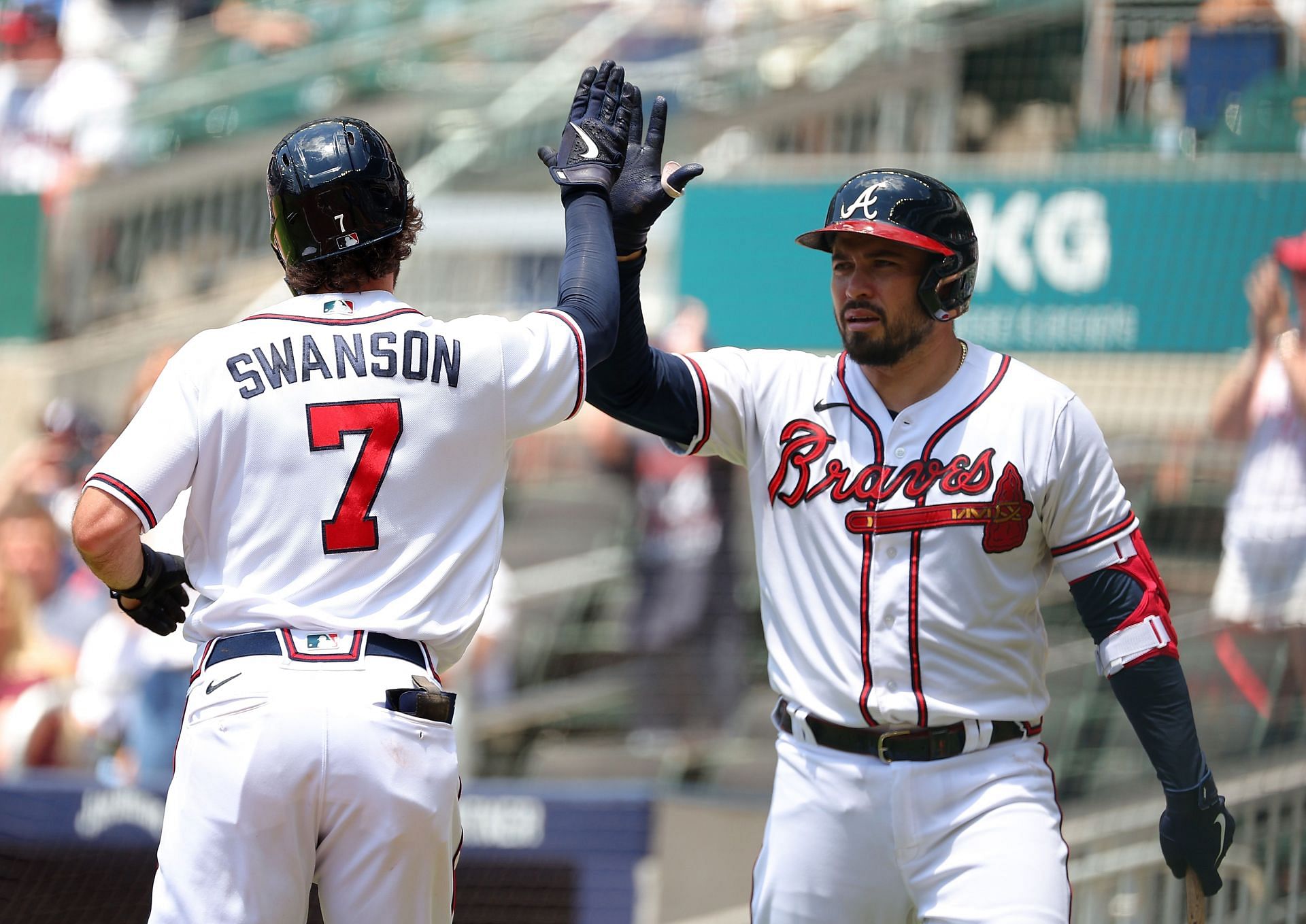Swanson and d&#039;Arnaud celebrate a home run, San Francisco Giants v Atlanta Braves