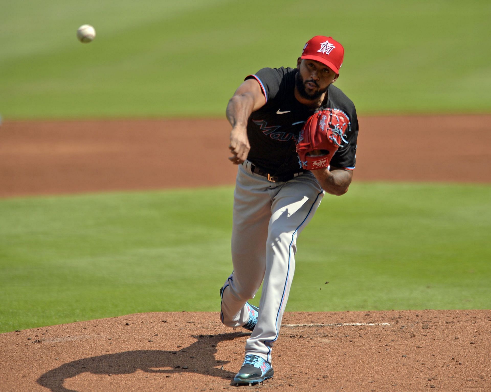 Sandy Alcantra of the Miami Marlins pitches in the first inning against the Atlanta Braves.