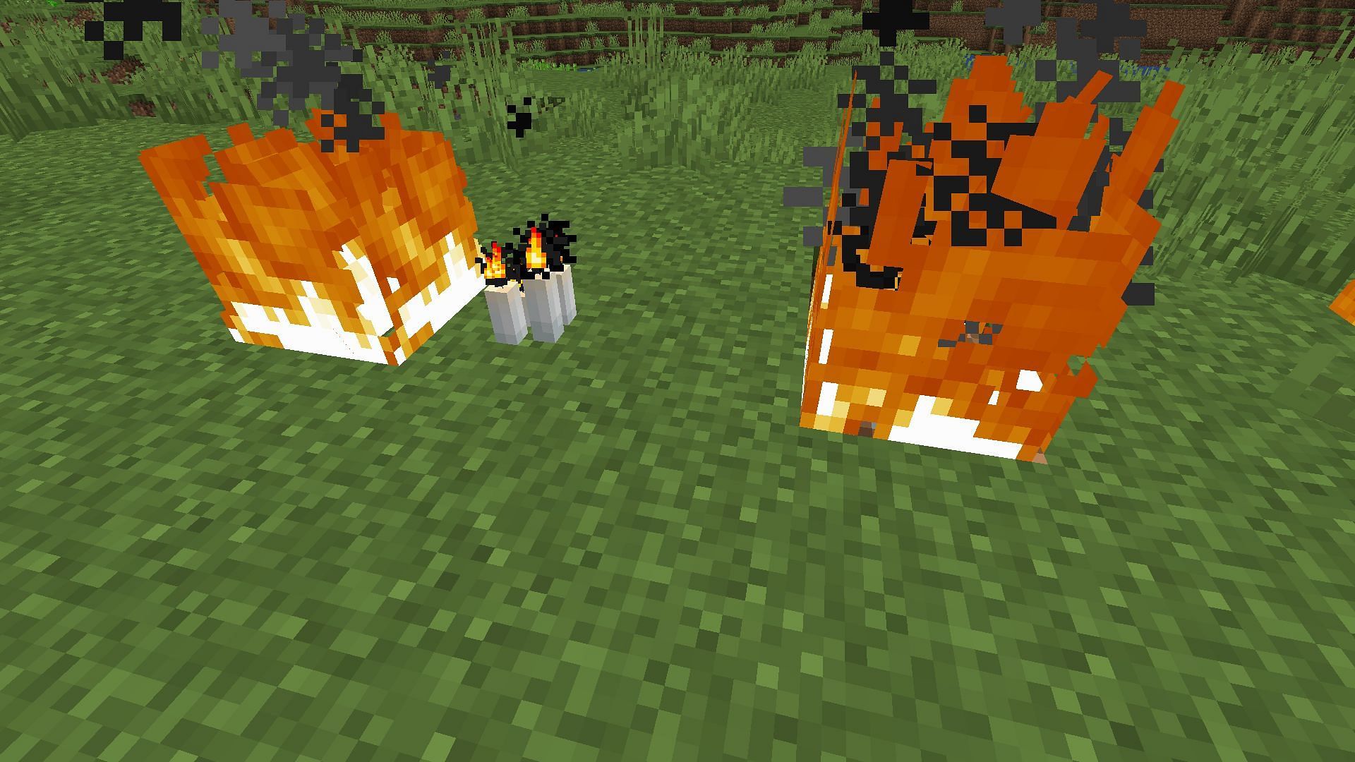 A candle being lit by a nearby fire (Image via Minecraft)