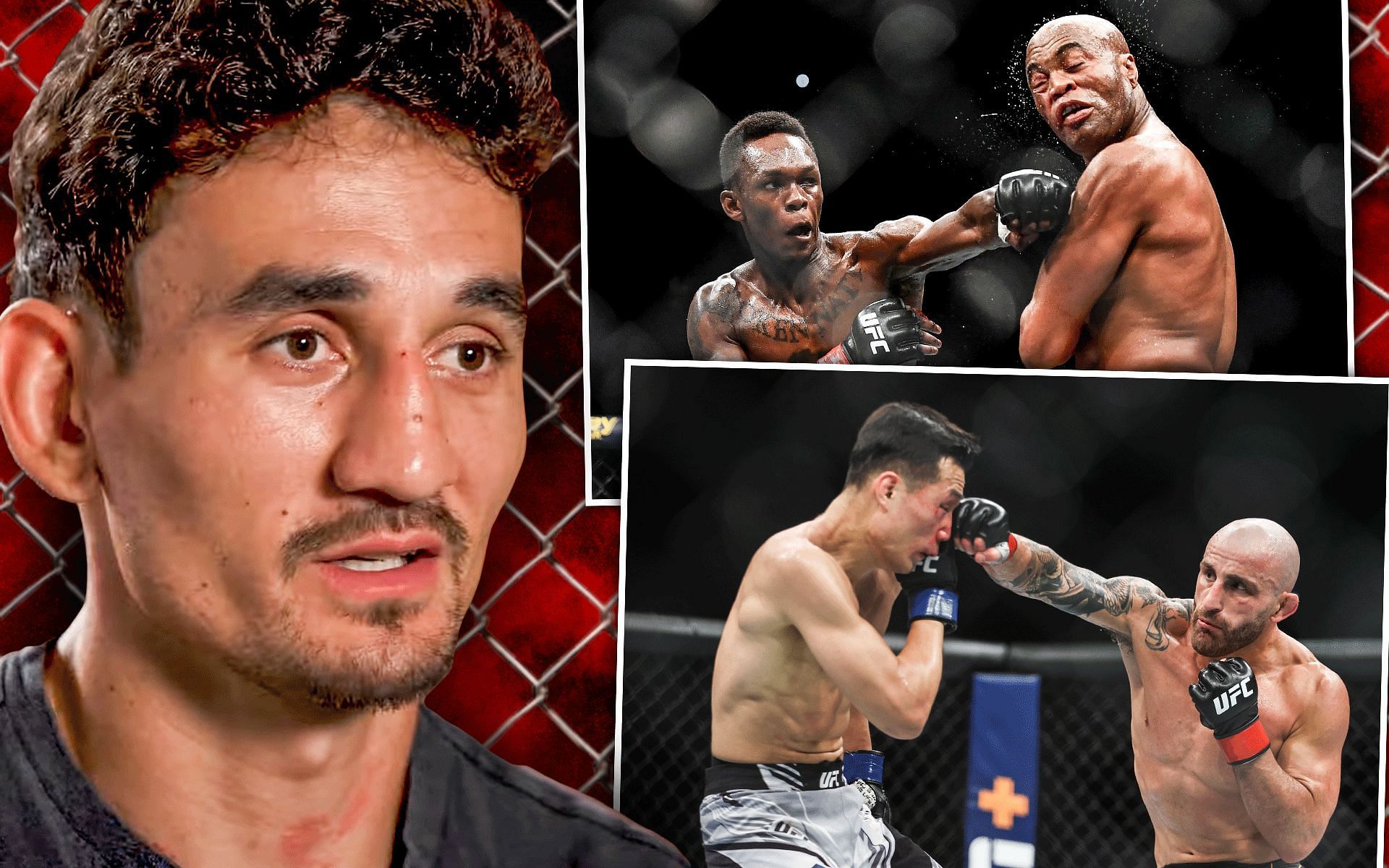 Max Holloway (left) Israel Adesanya vs. Anderson Silva (top) and Alexander Volkanovski vs. Chan Sung Jung (bottom) [Holloway image via UFC on YouTube; rest via Getty]