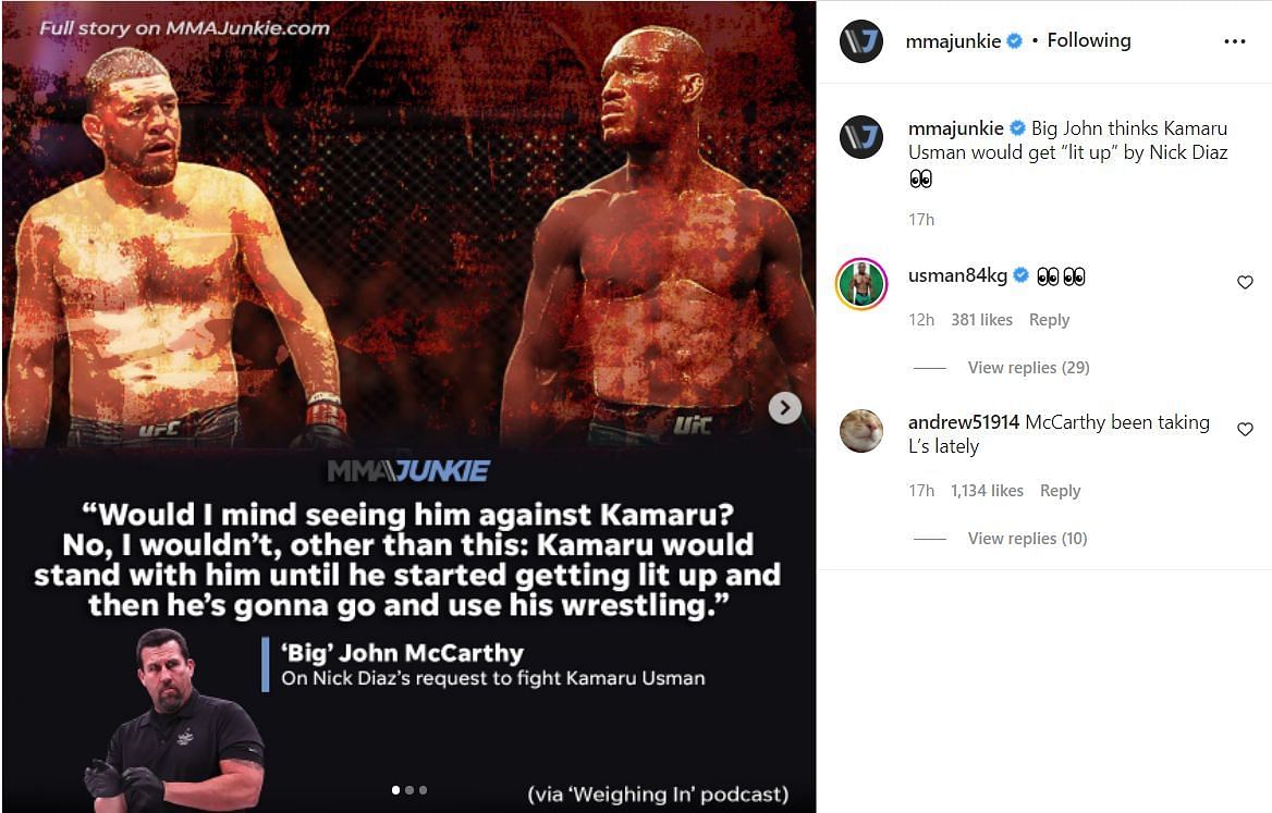 Kamaru Usman comments with the &#039;eyes&#039; emoji as a reaction to the quote