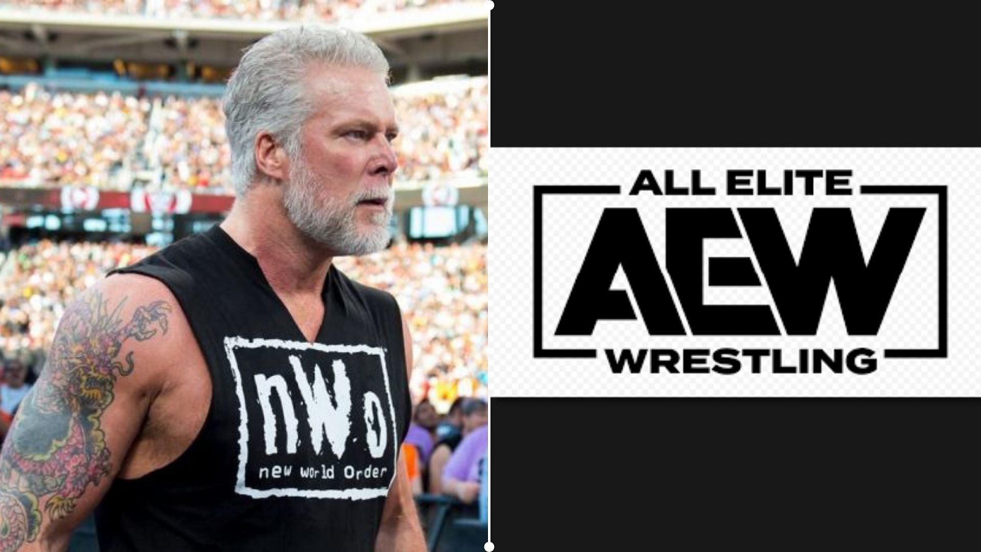 Kevin Nash(L), All Elite Wrestling logo(R) 