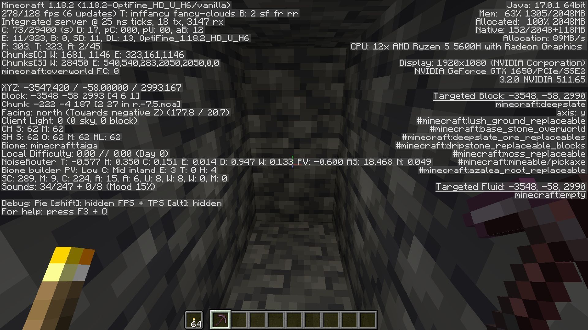 Mining at Y level -58 (Image via Mojang)