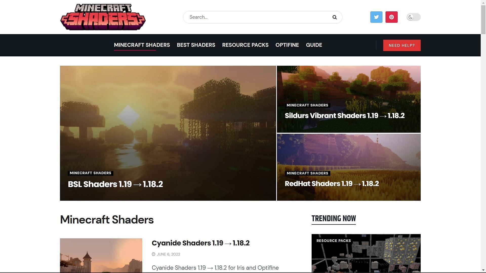 Website for several shaders (Image via Sportskeeda)