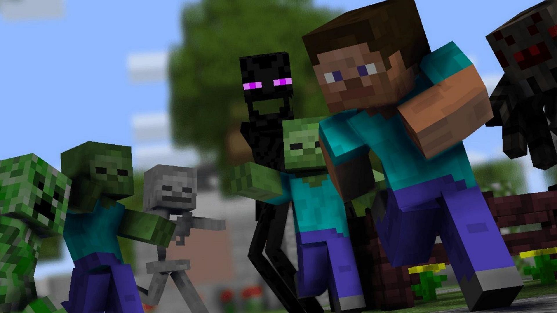 Steve escaping hostile mobs in Minecraft (Image via Mojang)