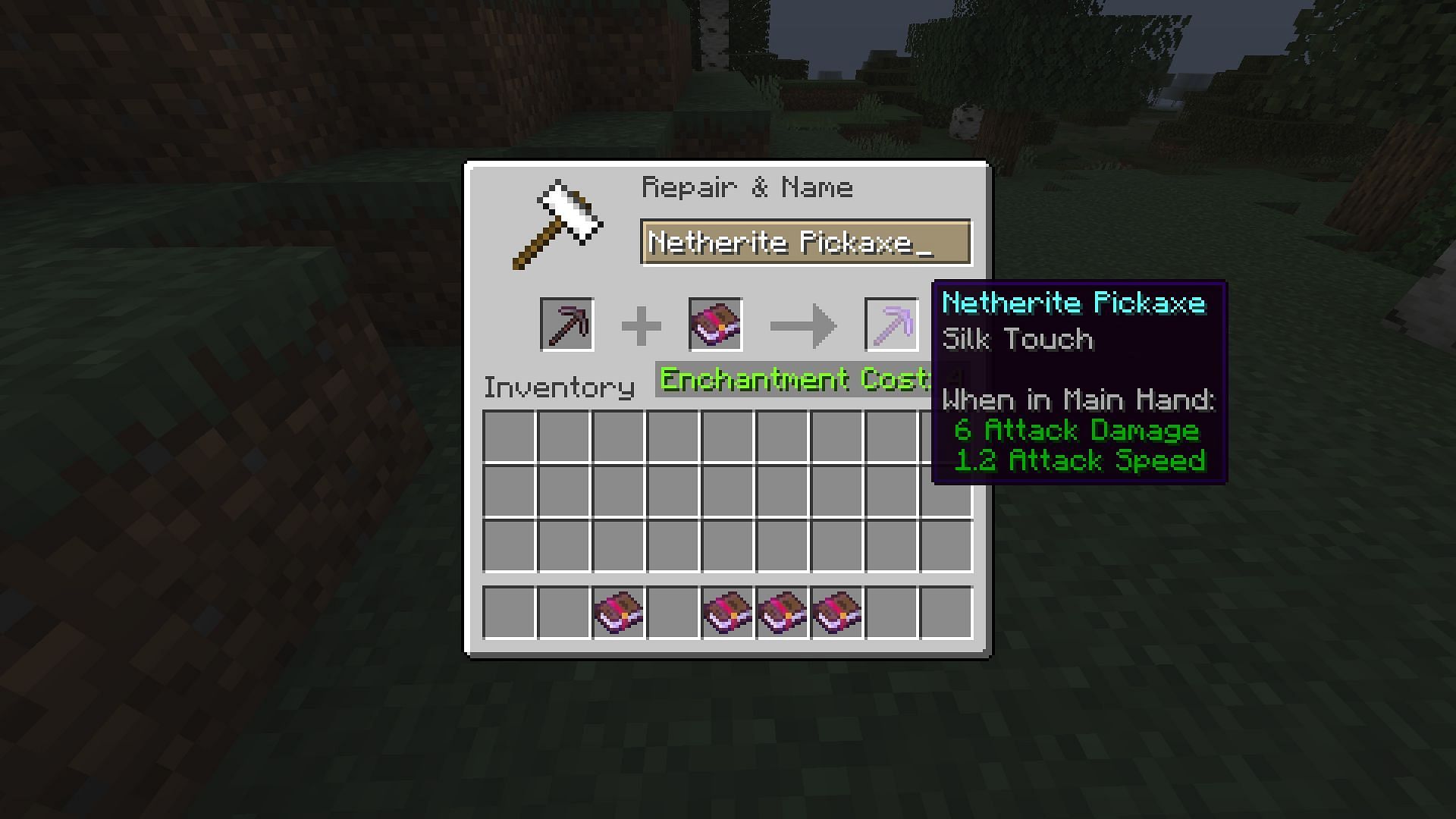 Silk Touch enchanted book being applied on a Netherite pickaxe (Image via Mojang)