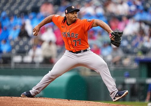 Luis Garcia of the Houston Astros pitches against the Kansas City Royals.