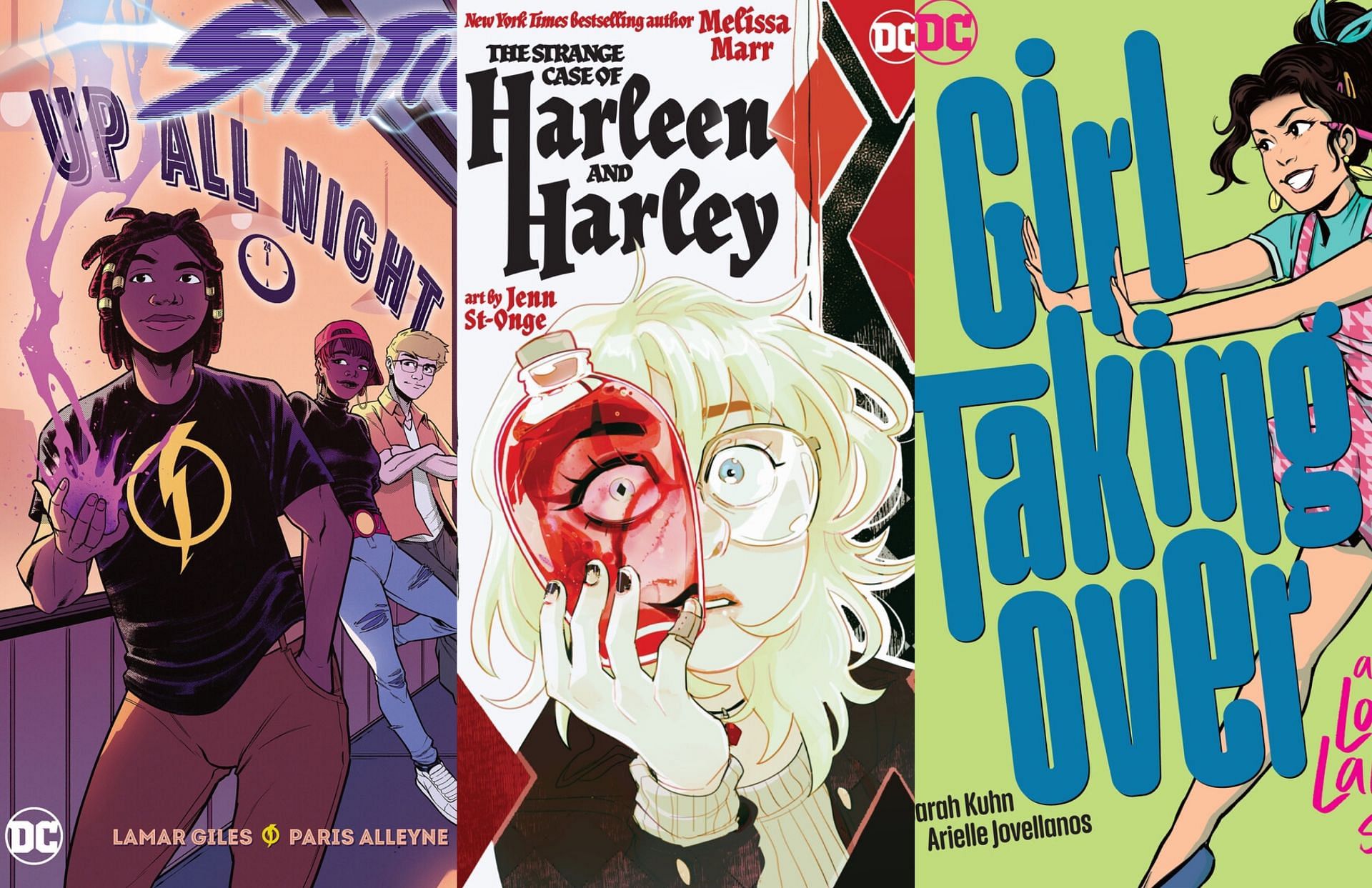 Up All Night/ The Strange Case of Harleen and Harley/ Girl Taking Over (Images via DC Comics)
