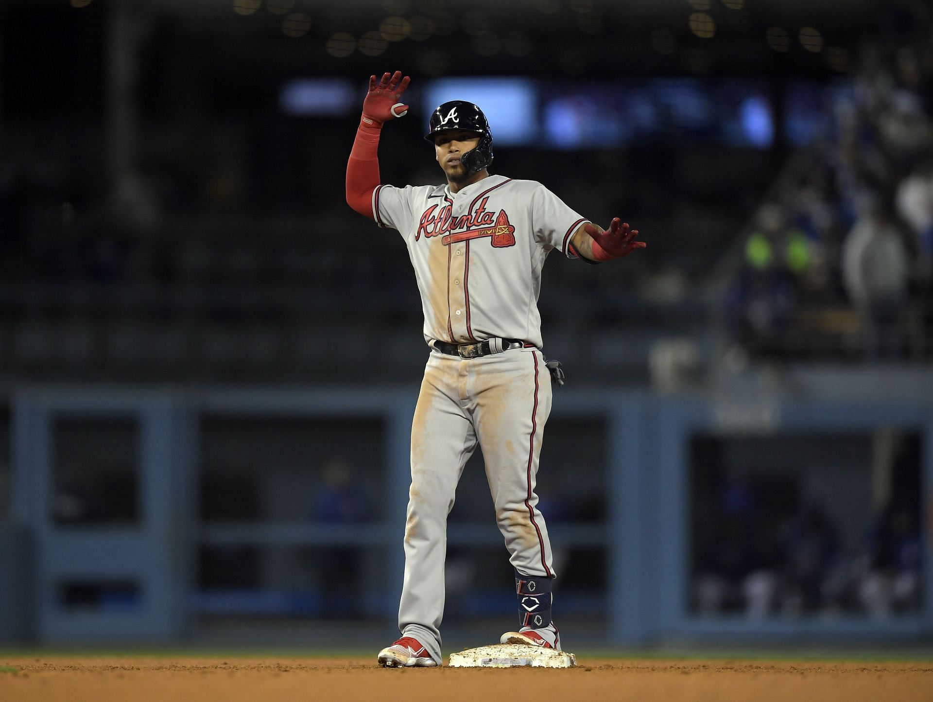 Atlanta Braves designated hitter Orlando Arcia celebrates his two-run home  run for a walk-off 5-3 win against the Boston Red Sox in the ninth inning  of a baseball game on Wednesday, May