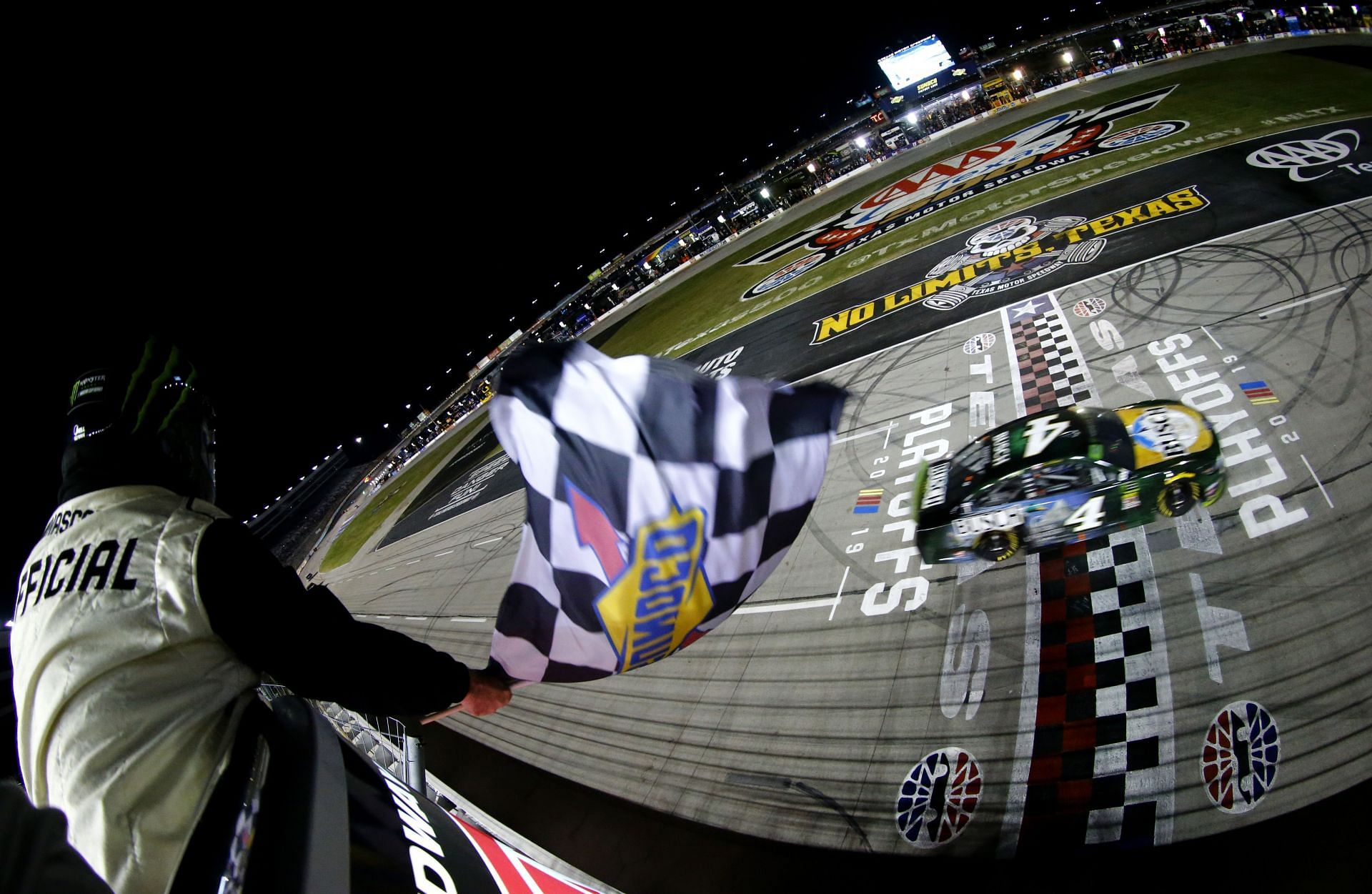 Kevin Harvick crosses the finish line to win the Monster Energy 2019 NASCAR Cup Series AAA Texas 500 at Texas Motor Speedway in Fort Worth, Texas (Photo by Jonathan Ferrey/Getty Images)