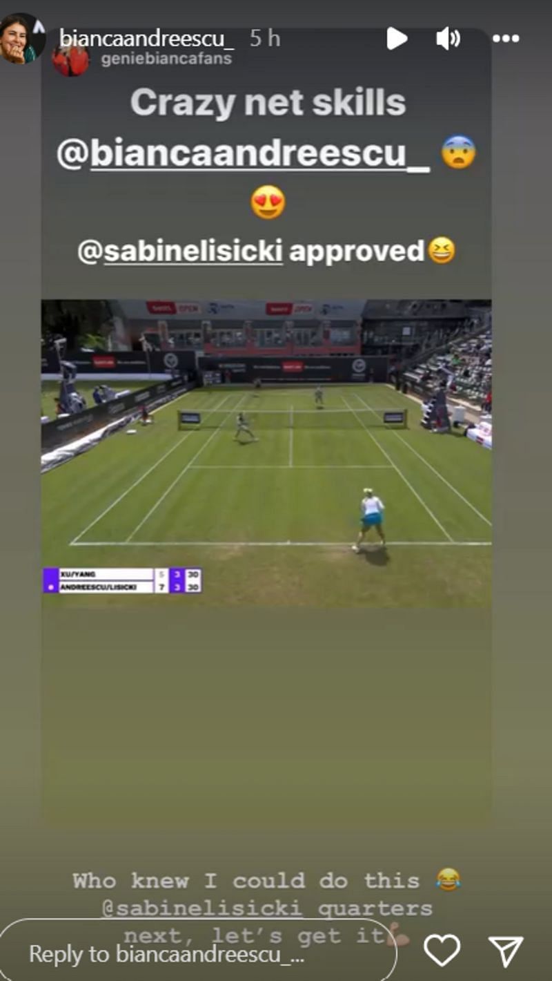 Bianca Andreescu shared a video of her net skills on her Instagram story