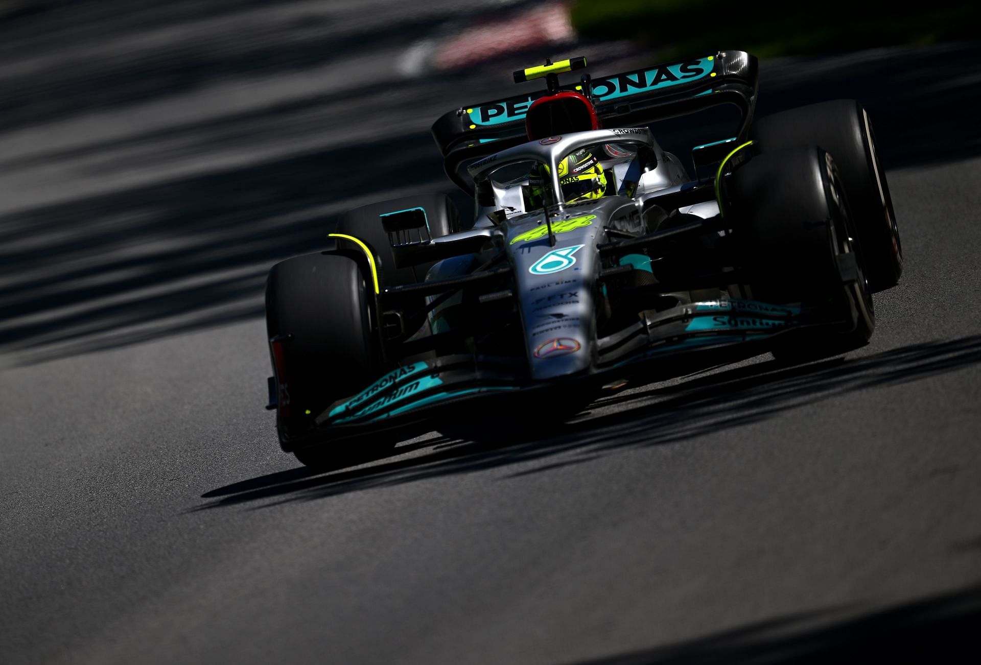 Mercedes driver Lewis Hamilton en route to his P3 finish at the 2022 F1 Canadian GP (Photo by Clive Mason/Getty Images)