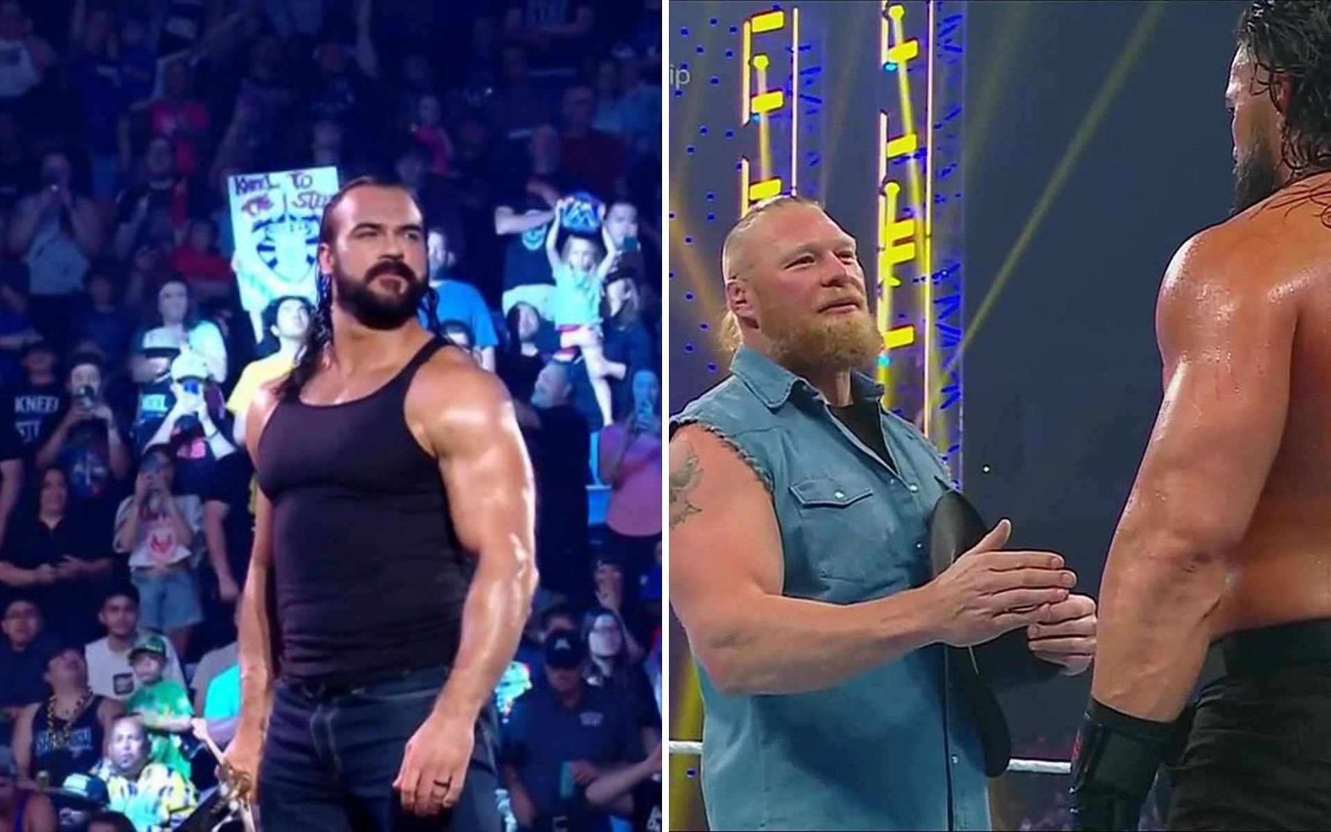 Drew McIntyre (left); Brock Lesnar and Roman Reigns (right)