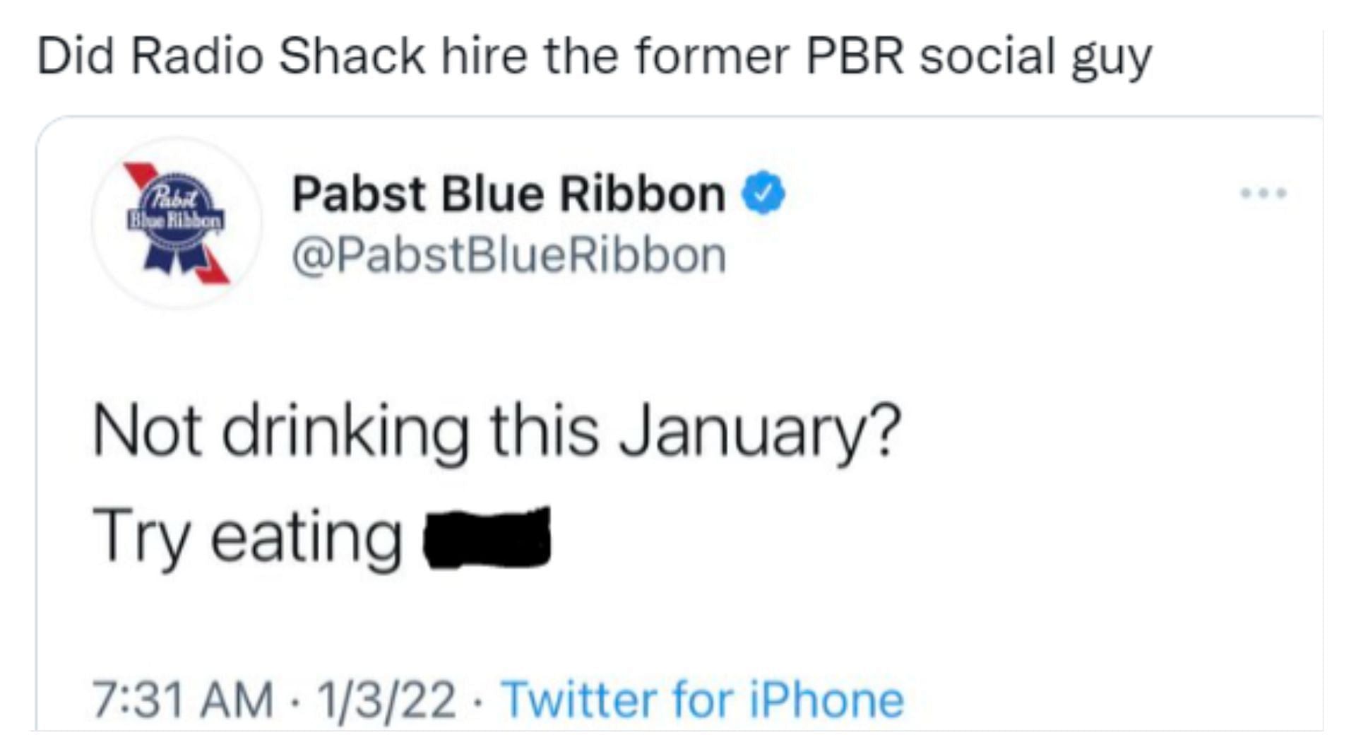 Un caso similar de tweets extraños ocurrió con la compañía de bebidas Pabst Blue Ribbon (imagen a través de Twitter/Pabst Blue Ribbon)