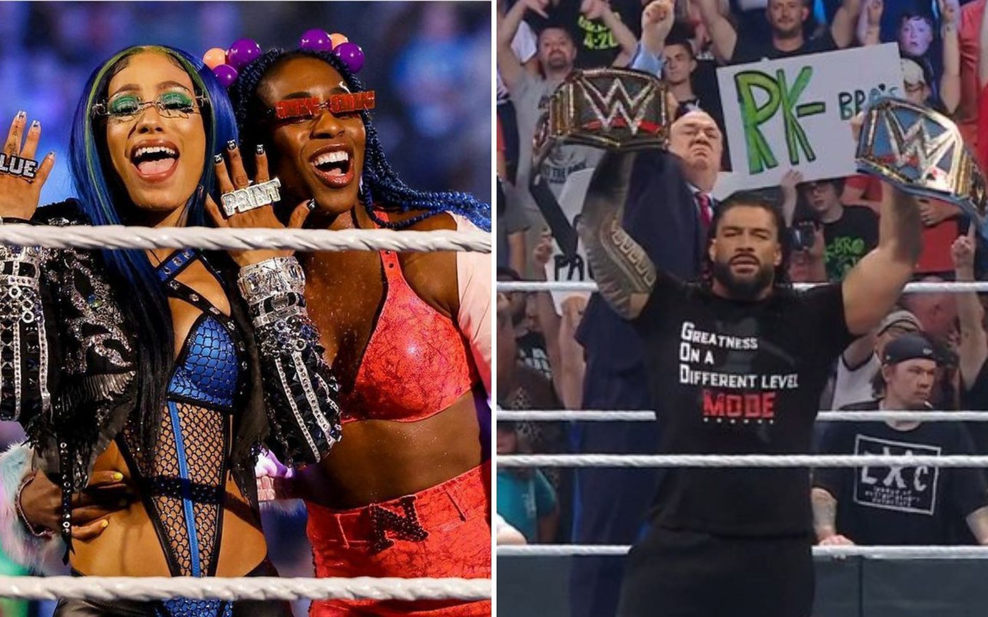 Sasha Banks and Naomi (left); Roman Reigns (right)
