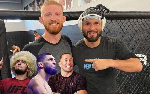 Bo Nickal (back left), Jorge Masvidal (back right), Khabib Nurmagomedov (front left), Khamzat Chimaev (front center), and Georges St-Pierre (front right) (Images via Getty and Instagram/@NoBickal)