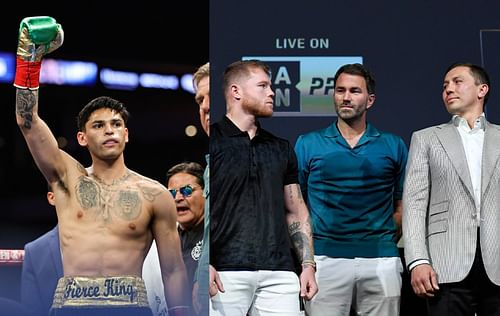 Ryan Garcia (left) , Canelo Alvarez and Gennadiy Golovkin face off ahead of their third fight. (right)