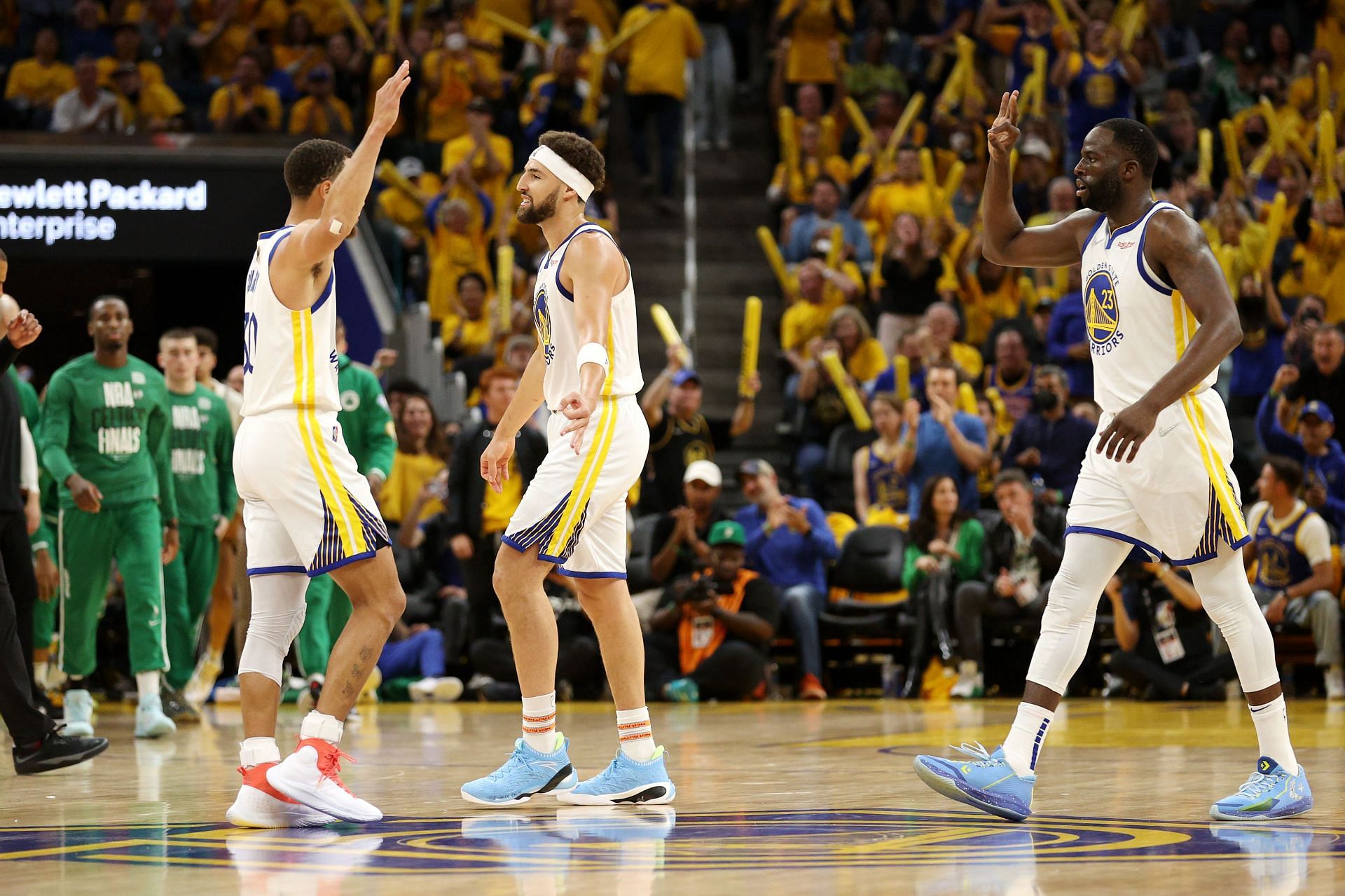 Stephen Curry, Klay Thompson and Draymond Green of the Golden State Warriors.