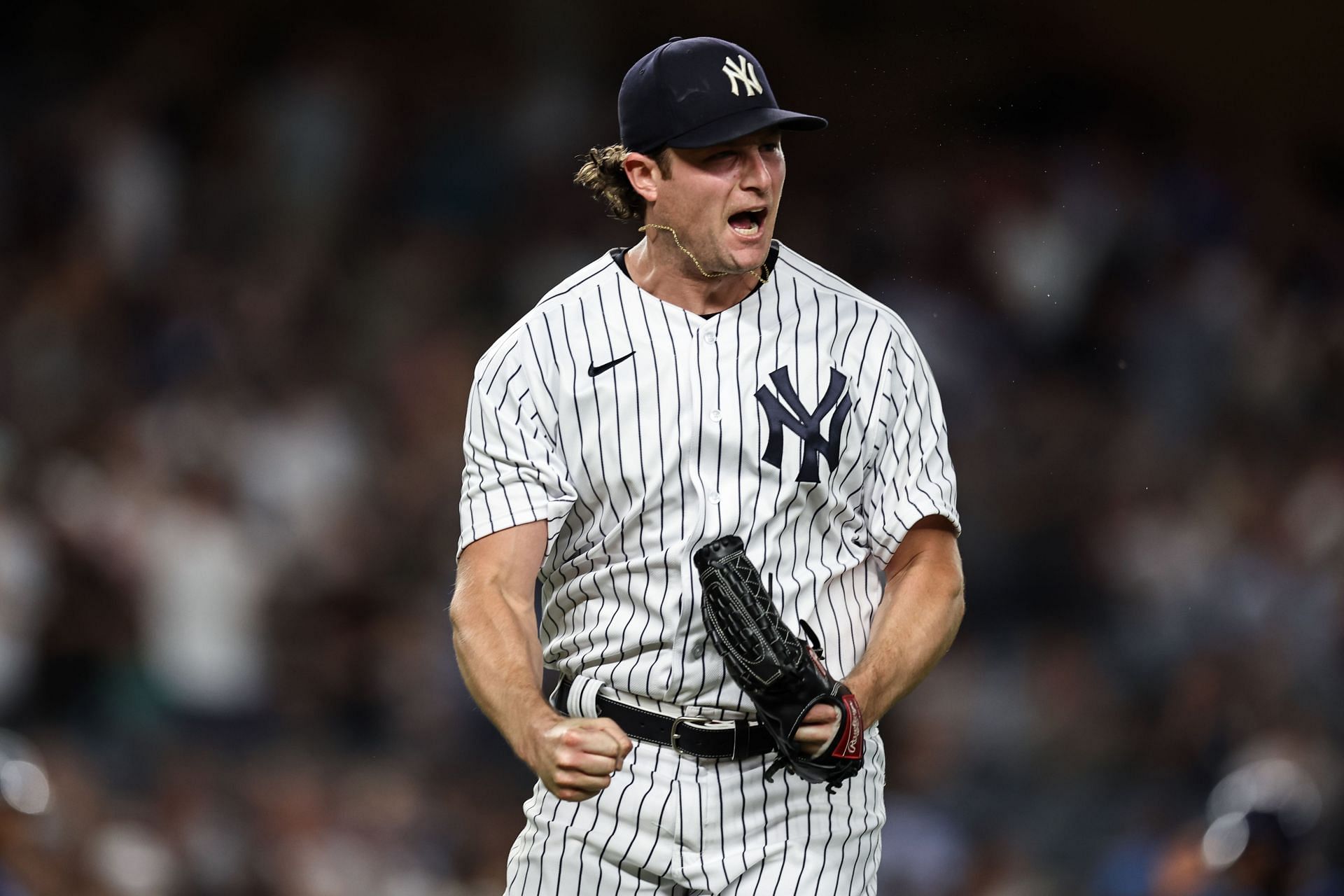 Cole celebrates a double play against the Tampa Bay Rays.