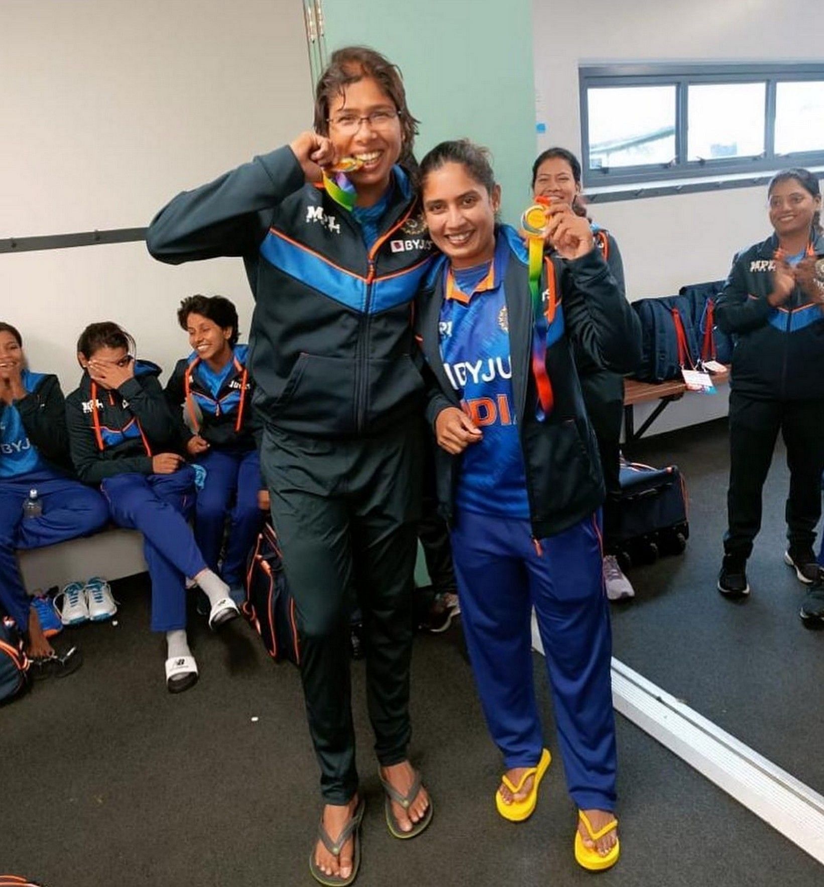 Mithali Raj (right) shares a light moment with Jhulan Goswami (left). Image: Twitter/@M_Raj03