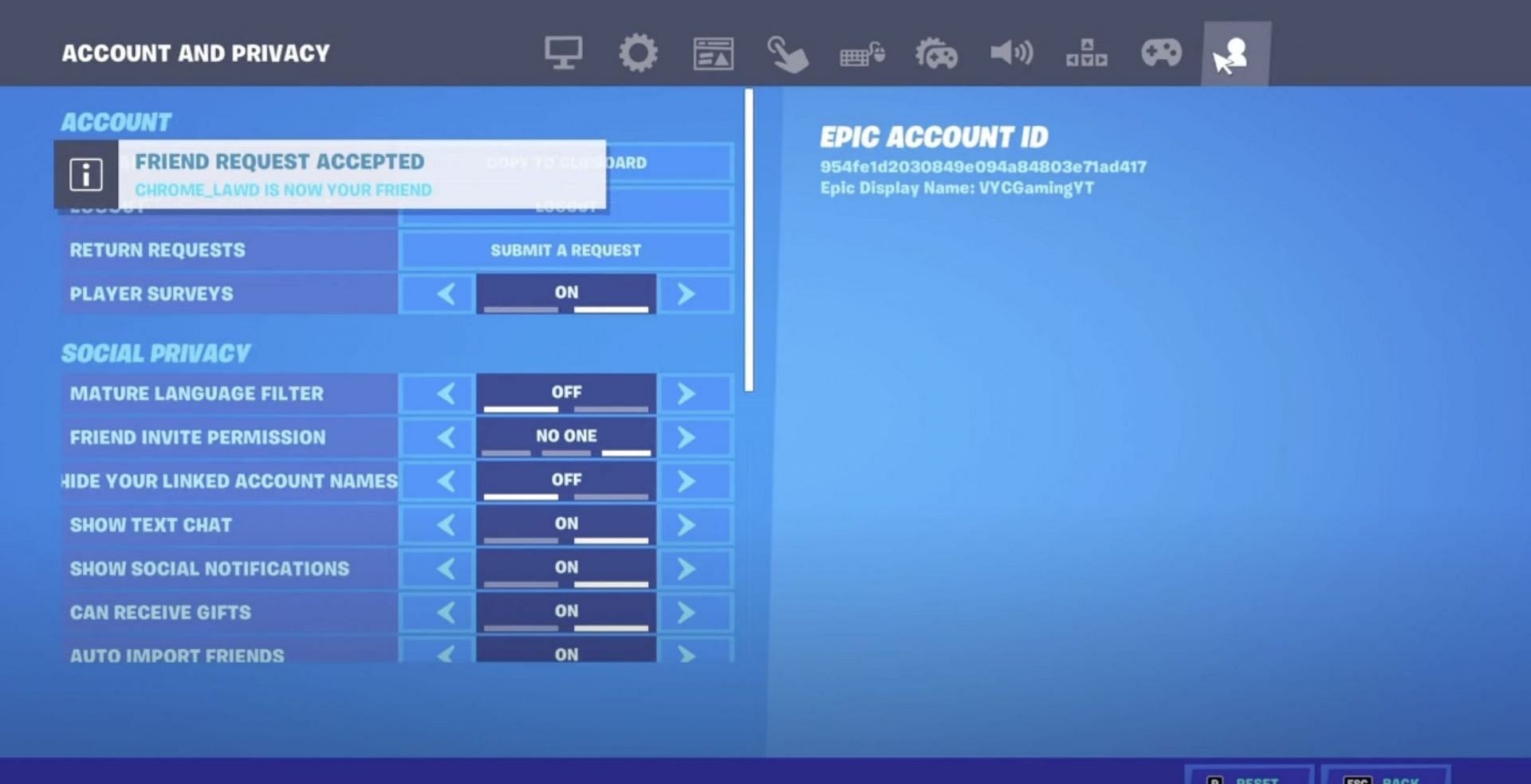 Account Settings in the settings menu (Image via VYC Gaming/YouTube)
