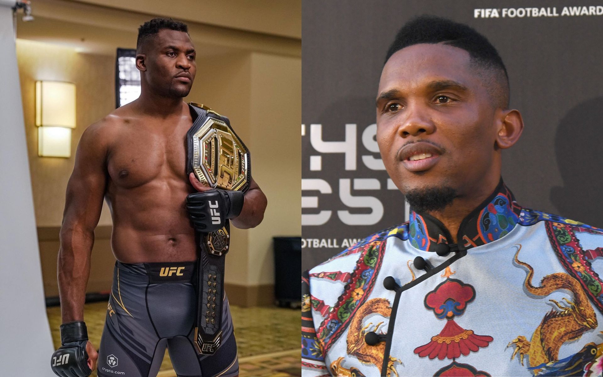 Francis Ngannou (left, image courtesy of @francisngannou Instagram); Samuel Eto&#039;o (right, image courtesy of Getty)