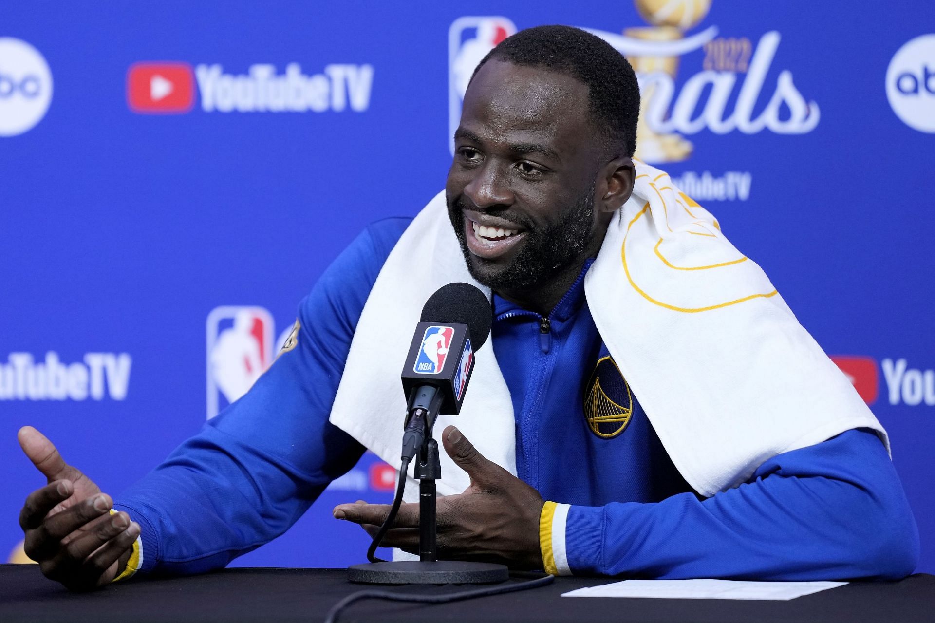 Draymond Green of the Golden State Warriors talks during a news conference after a 104-94 win over the Boston Celtics in Game 5 of the &lt;a href=&#039;https://www.sportskeeda.com/go/nba-finals&#039; target=&#039;_blank&#039; rel=&#039;noopener noreferrer&#039;&gt;NBA Finals&lt;/a&gt; at Chase Center on Monday in San Francisco, California.