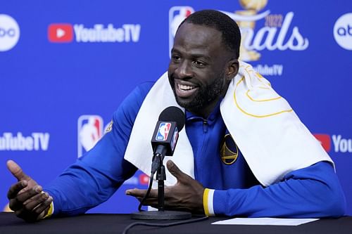 Draymond Green of the Golden State Warriors talks during a news conference after a 104-94 win over the Boston Celtics in Game 5 of the NBA Finals at Chase Center on Monday in San Francisco, California.