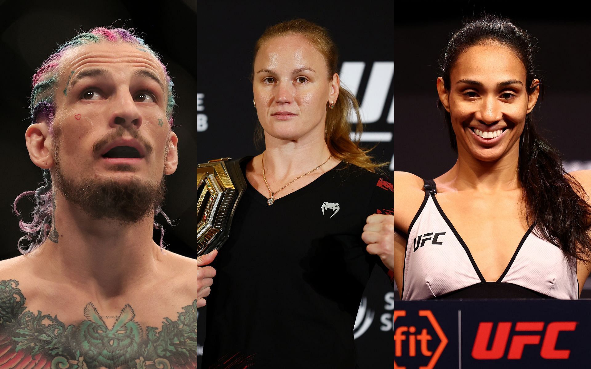 Sean O&#039;Malley (left), Valentina Shevchenko (center) and Taila Santos (right)