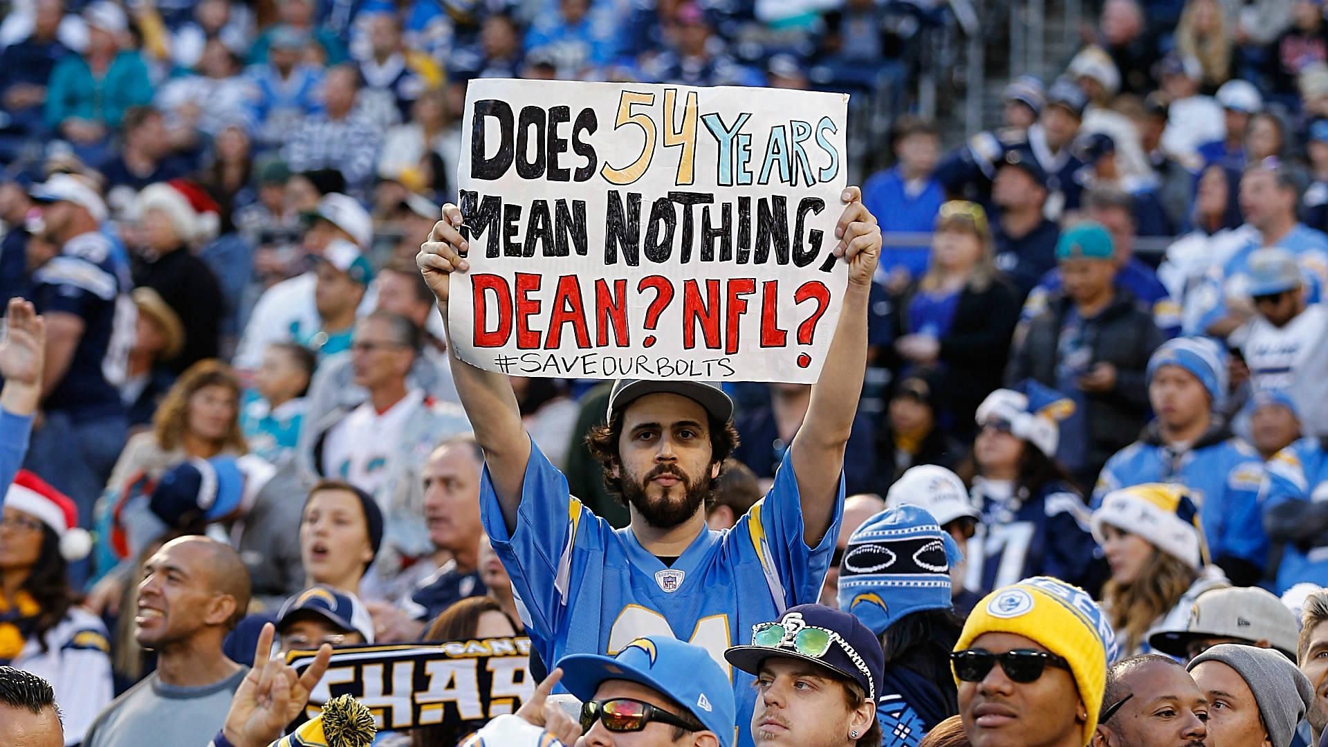 A Chargers fan protests the move to Los Angeles