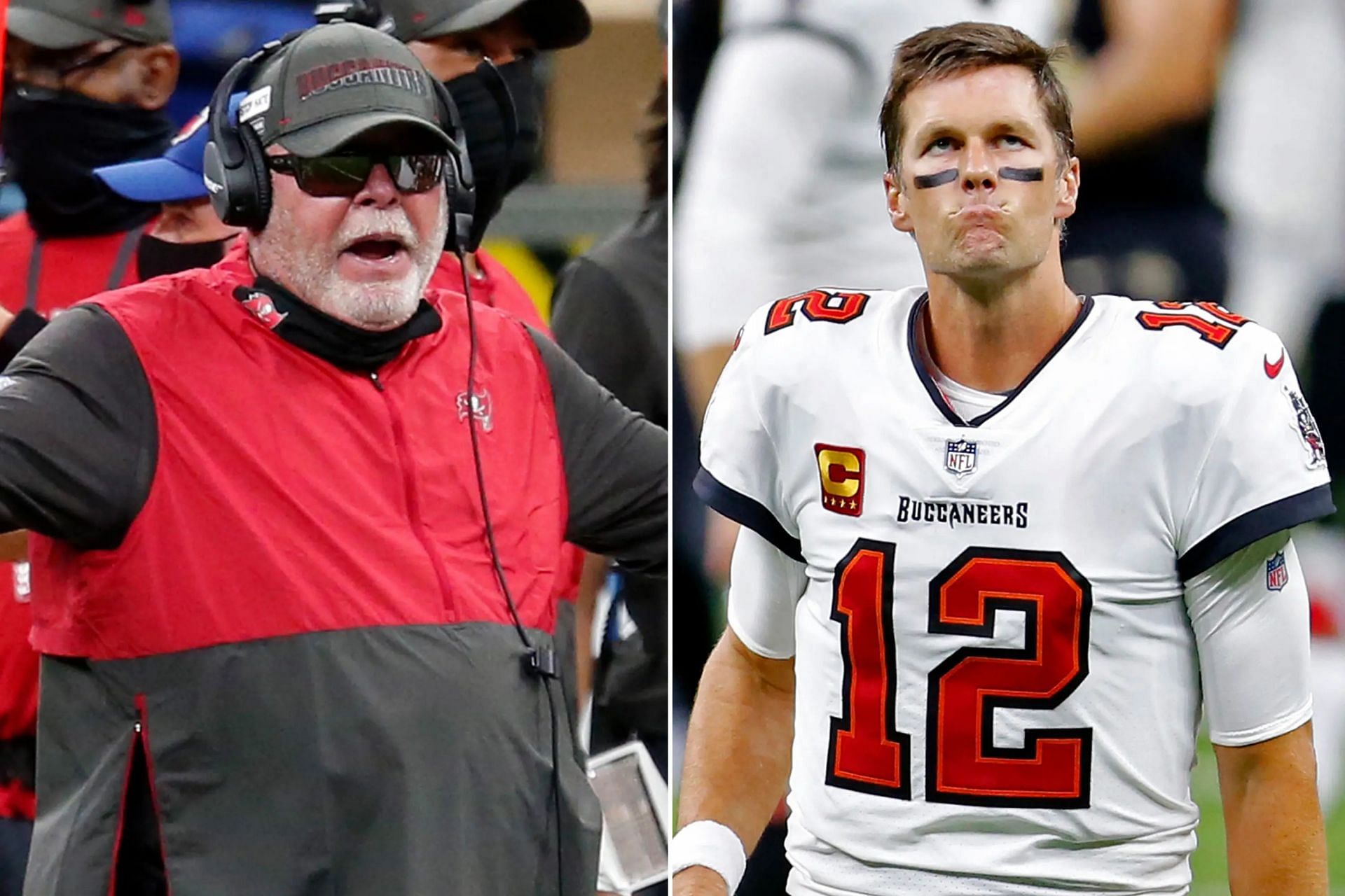 Former Buccaneers HC Bruce Arians (l) and Tampa Bay QB Tom Brady. Source: New York Post