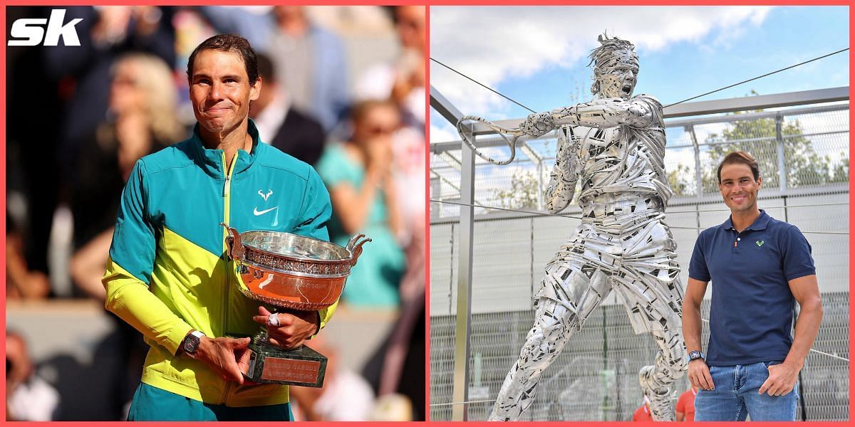 Nadal next to his statue at Roland Garros