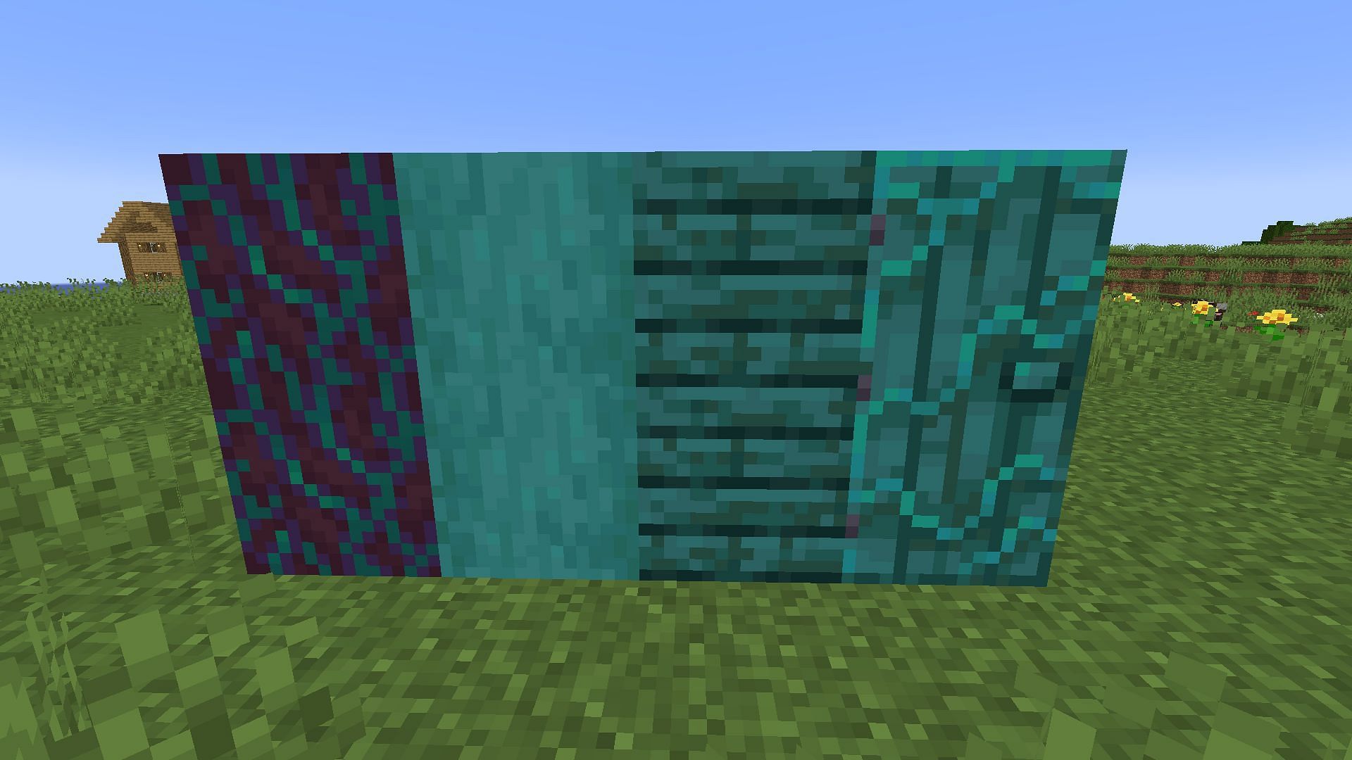 Warped wood and some of its different blocks (Image via Minecraft)
