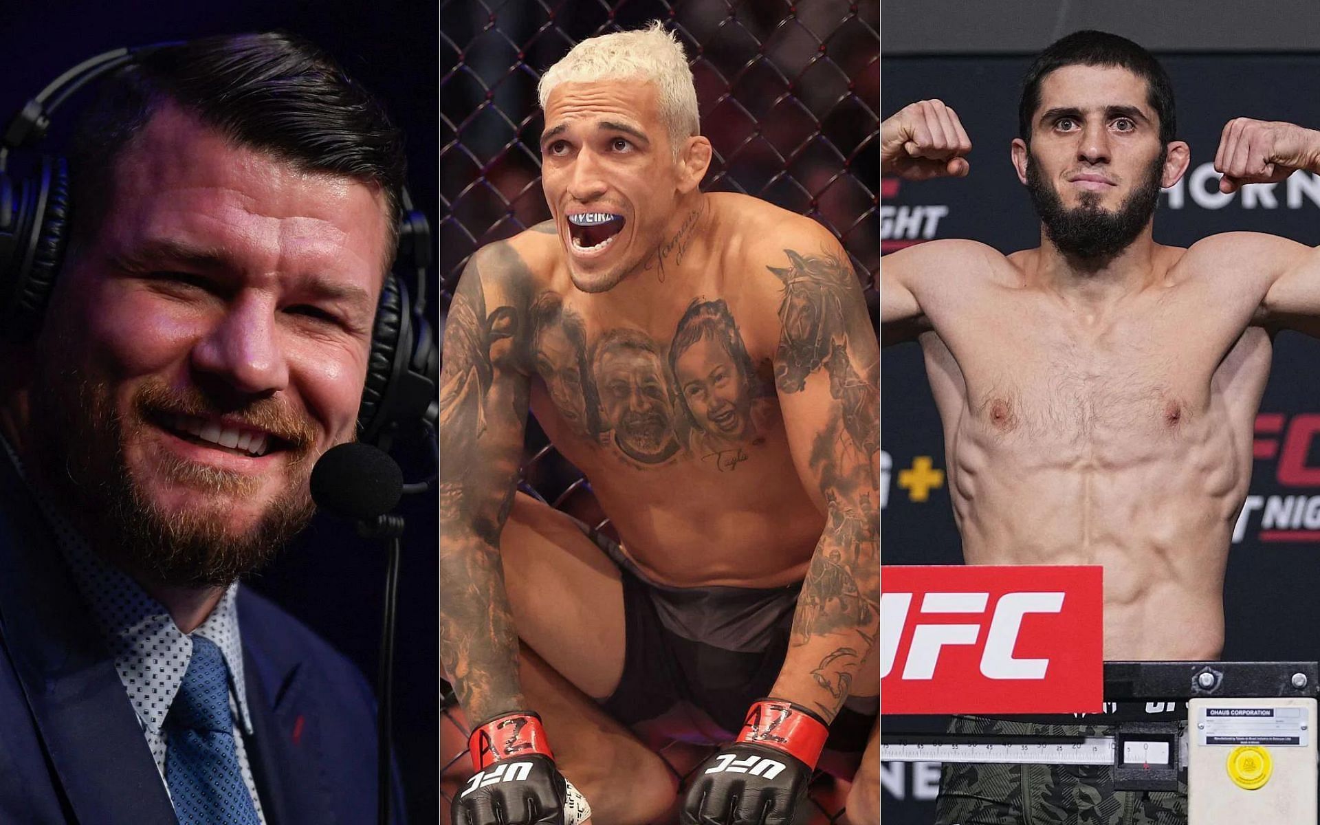 Michael Bisping (left), Charles Oliveira (center), and Islam Makhachev (right)