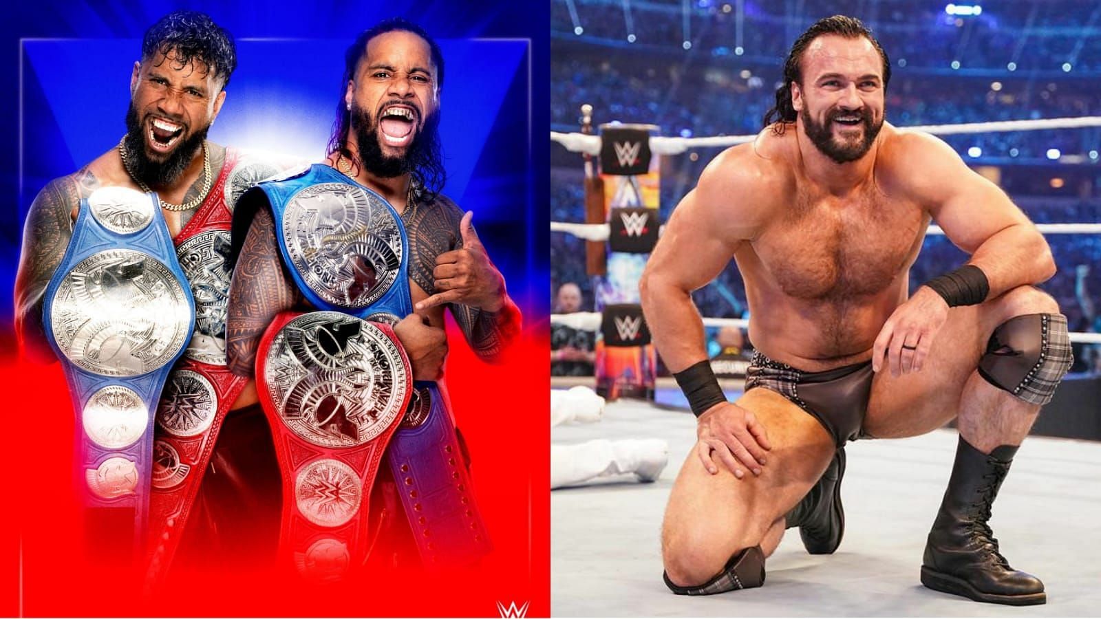 The Usos (L) and Drew McIntyre (R)