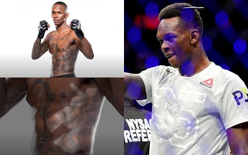 Adesanya and his 'Deadpool' tattoo (top and bottom left, images courtesy of UFC YouTube channel); Adesanya (right, image courtesy of Getty)