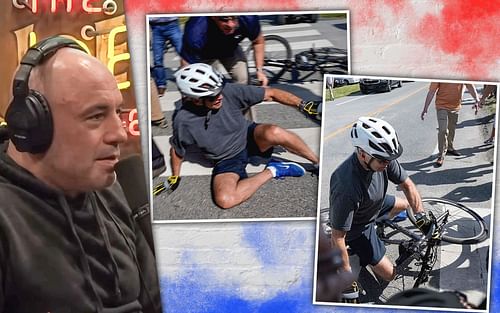 Joe Rogan pokes fun at Joe Biden's bike accident [Photo credit: YouTube.com & @MikeSington on Twitter]