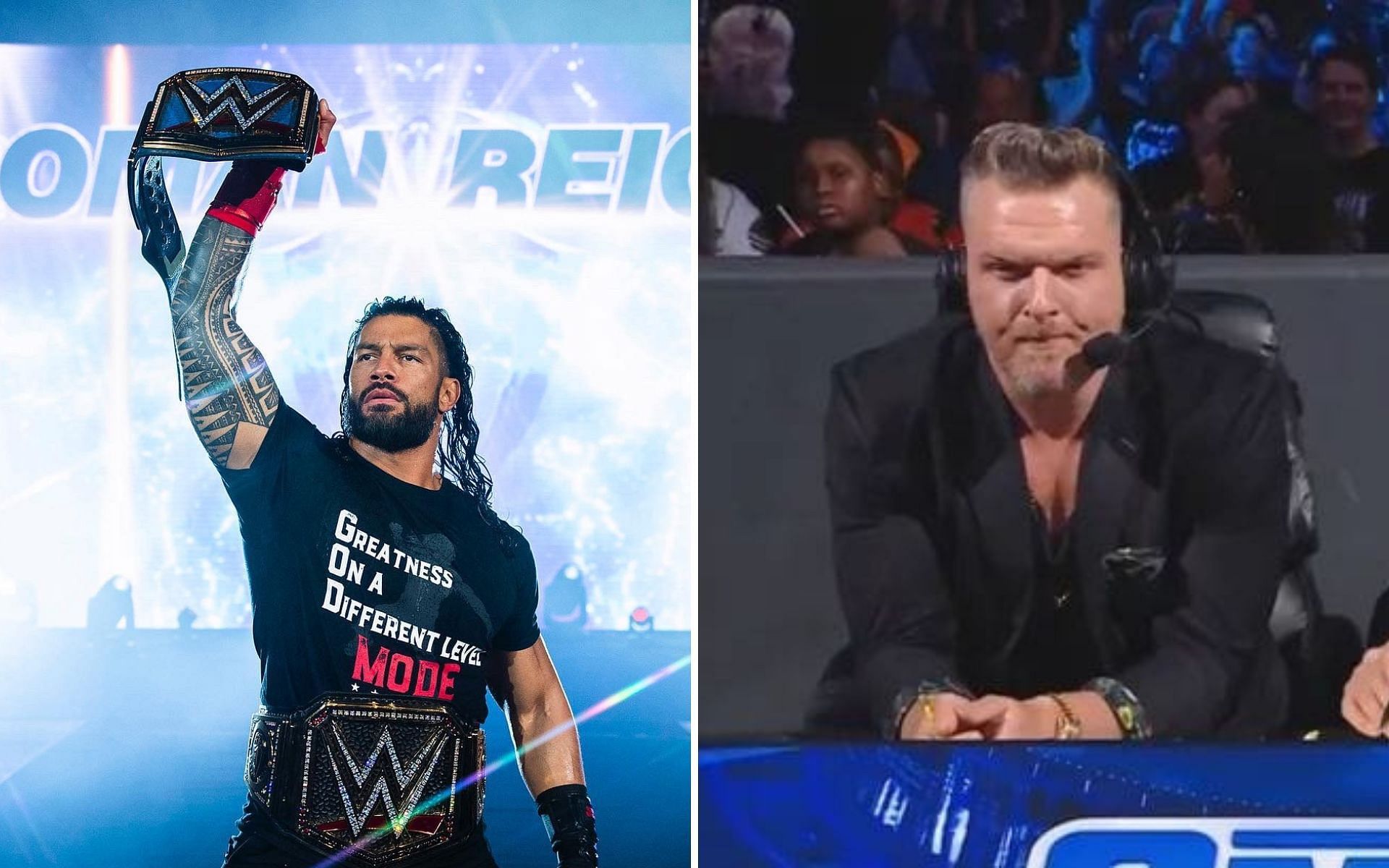 Undisputed WWE Universal Champion Roman Reigns (left); Pat McAfee on commentary (right)