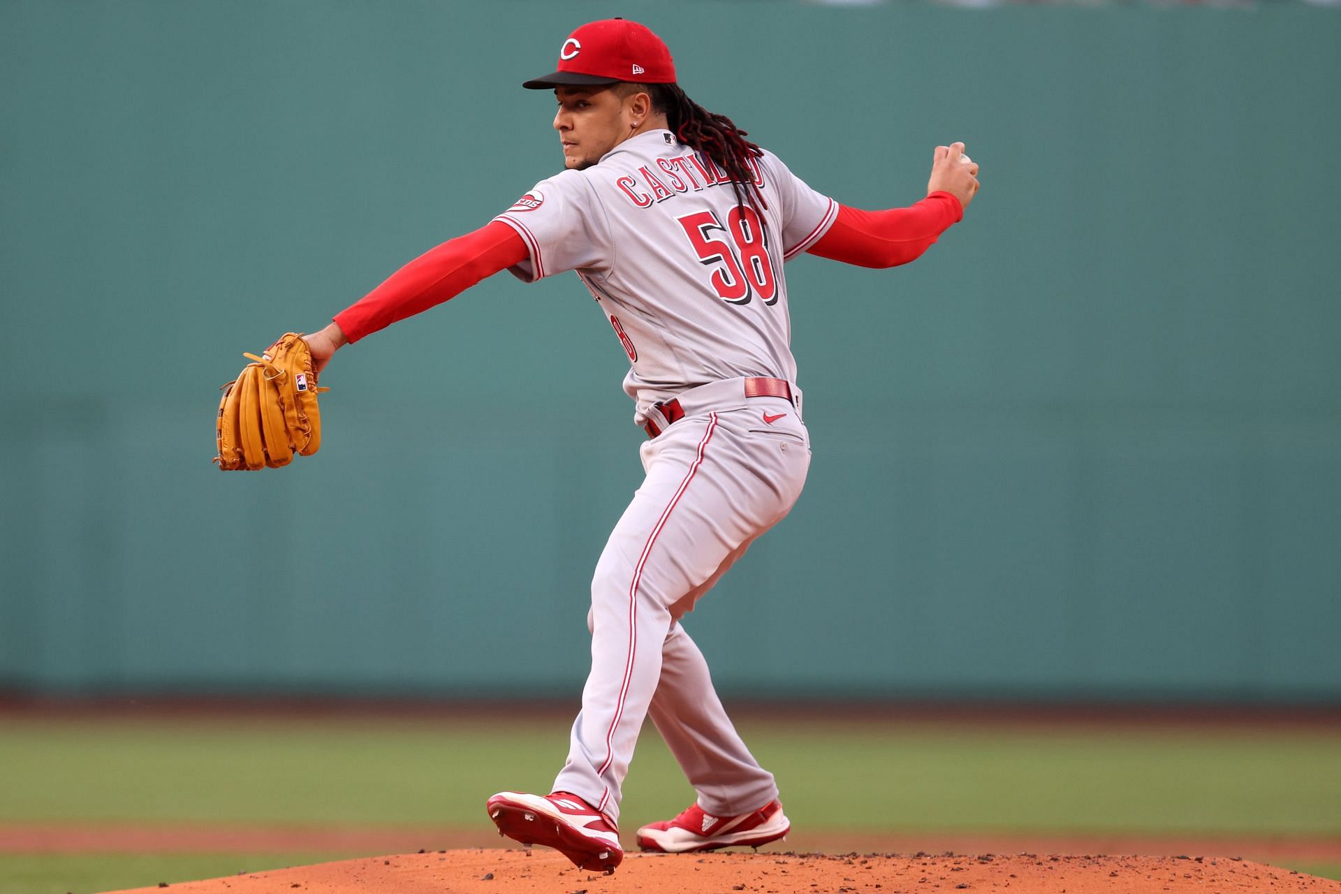 Luis Castillo pitches during a Cincinnati Reds v Boston Red Sox game.