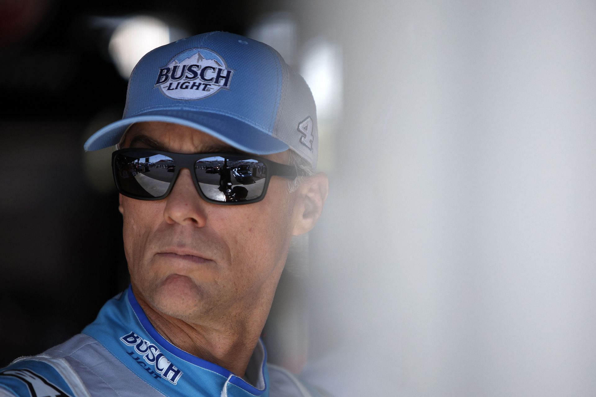 Kevin Harvick waits in the garage area during practice for the 2022 NASCAR Cup Series Enjoy Illinois 300 at WWT Raceway in Madison, Illinois (Photo by Sean Gardner/Getty Images)