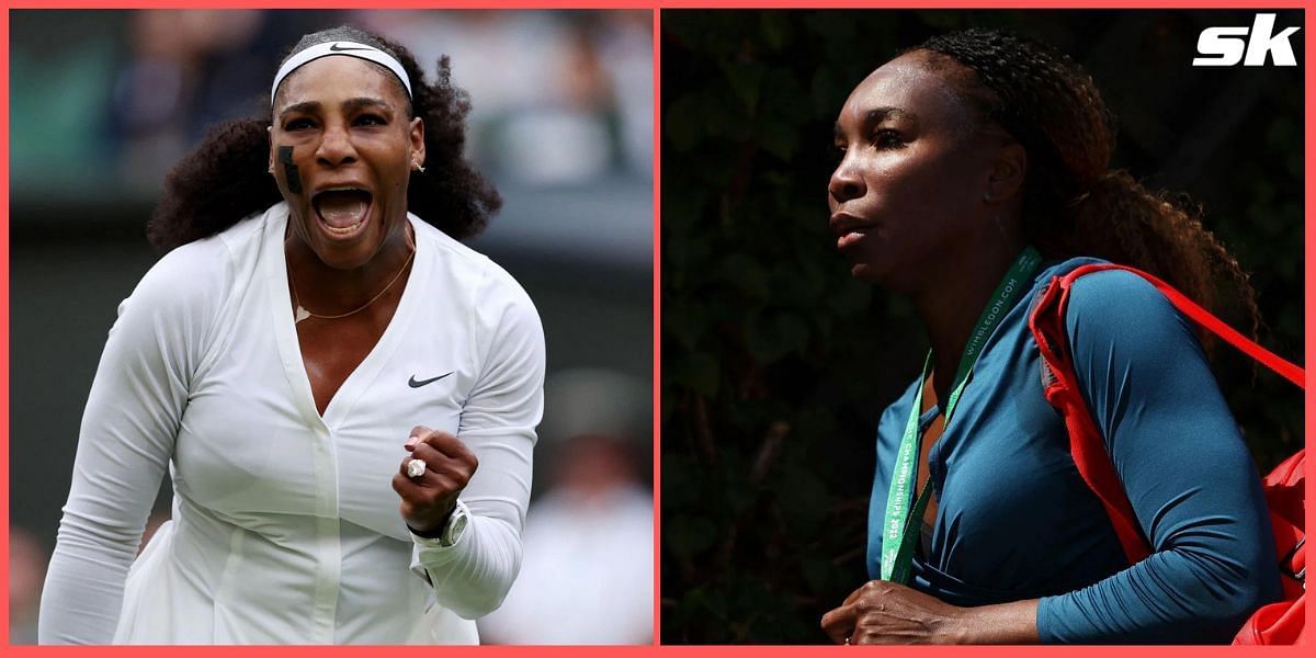 Serena Williams (L) during her Wimbledon 2022 opener; Venus Williams (R)