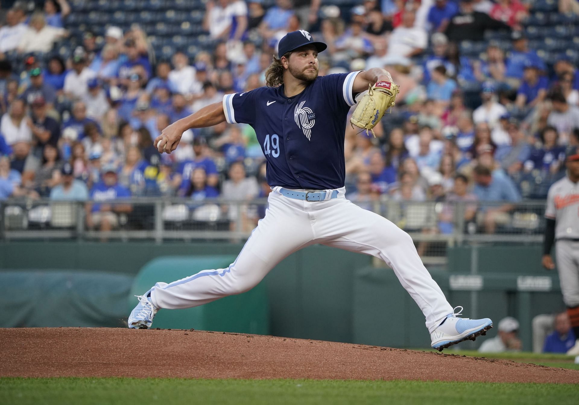 Jonathan Heasley pitches for the Kansas City Royals against the Baltimore Orioles.