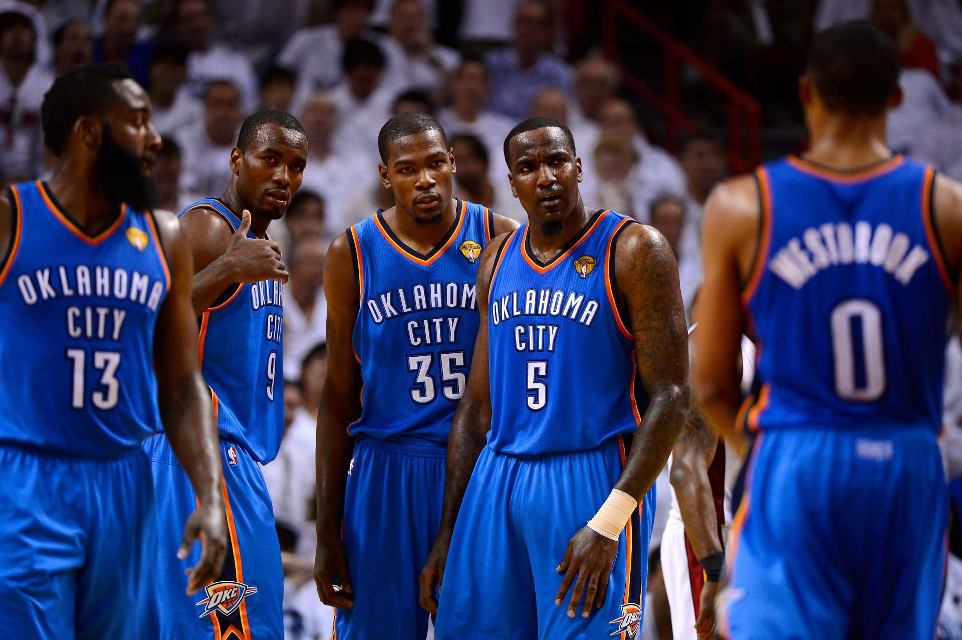 (L-R) James Harden, Serge Ibaka, Kevin Durant, Kendrick Perkins and Russell Westbrook of the Oklahoma City Thunder.