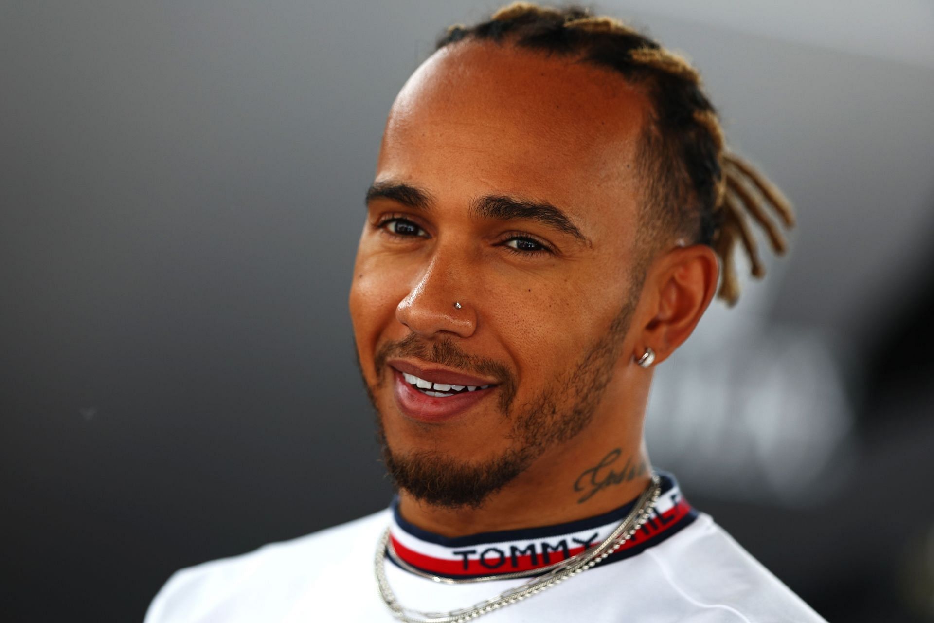 Hamilton talks to the media in the Paddock prior to practice ahead of the F1 Grand Prix of Canada at Circuit Gilles Villeneuve on June 17, 2022 in Montreal, Quebec. (Photo by Clive Rose/Getty Images)