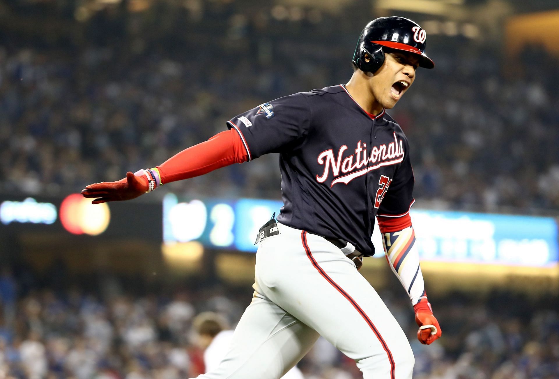 Juan Soto of the Washington Nationals reacts after striking out