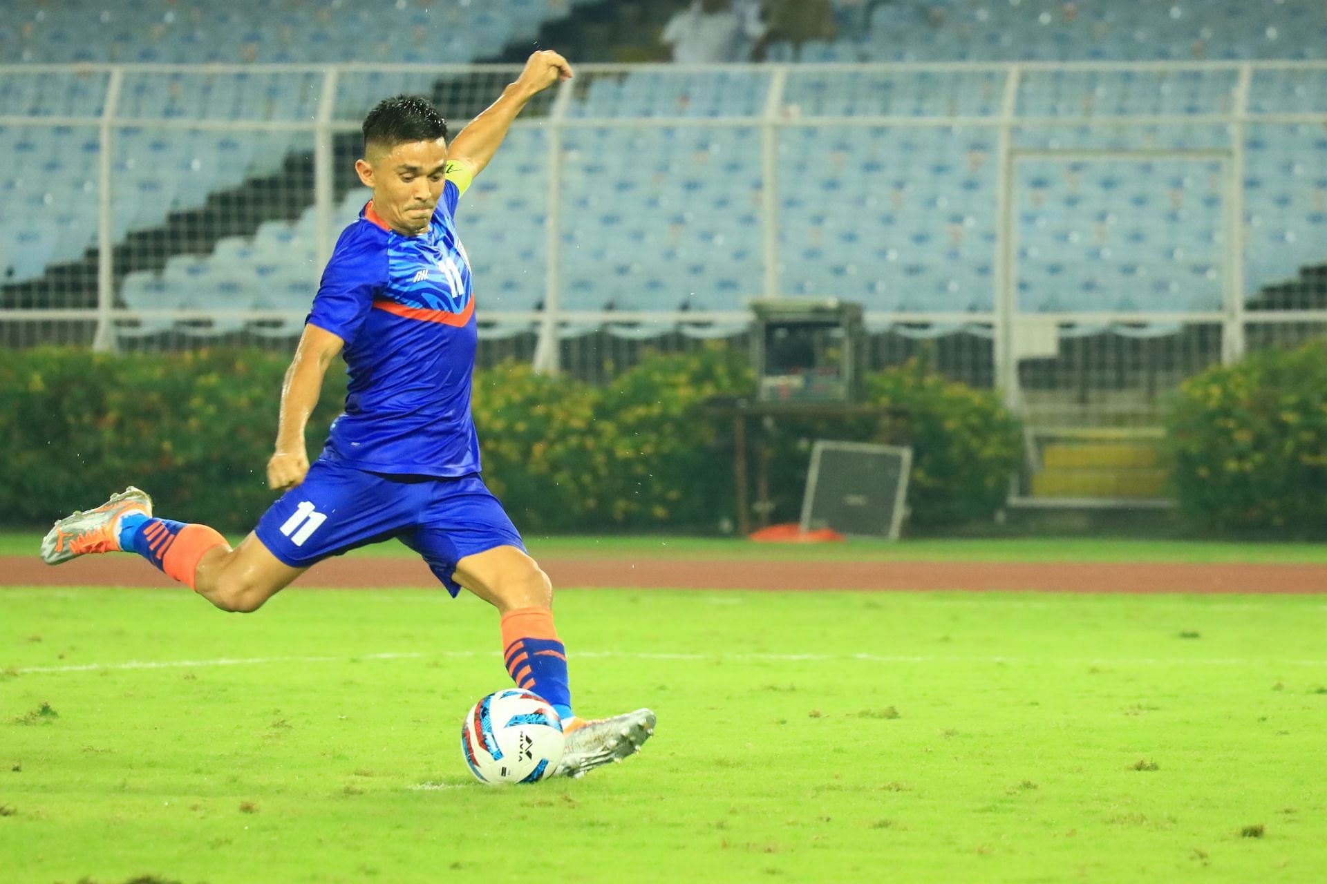 Sunil Chhetri taking the penalty kick against Cambodia. (Image Courtesy: AIFF)