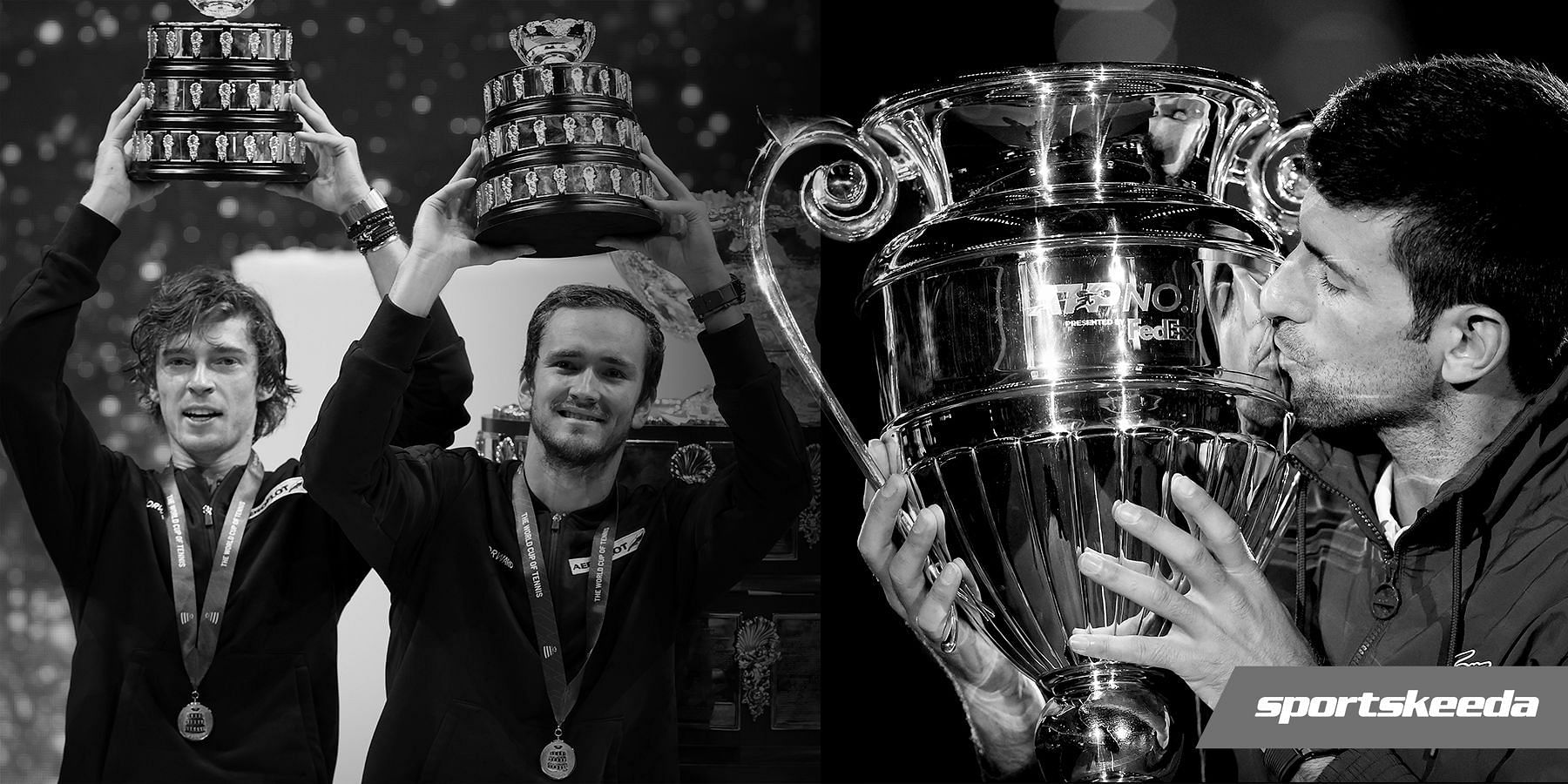 From L to R: Andrey Rublev, Daniil Medvedev and Novak Djokovic